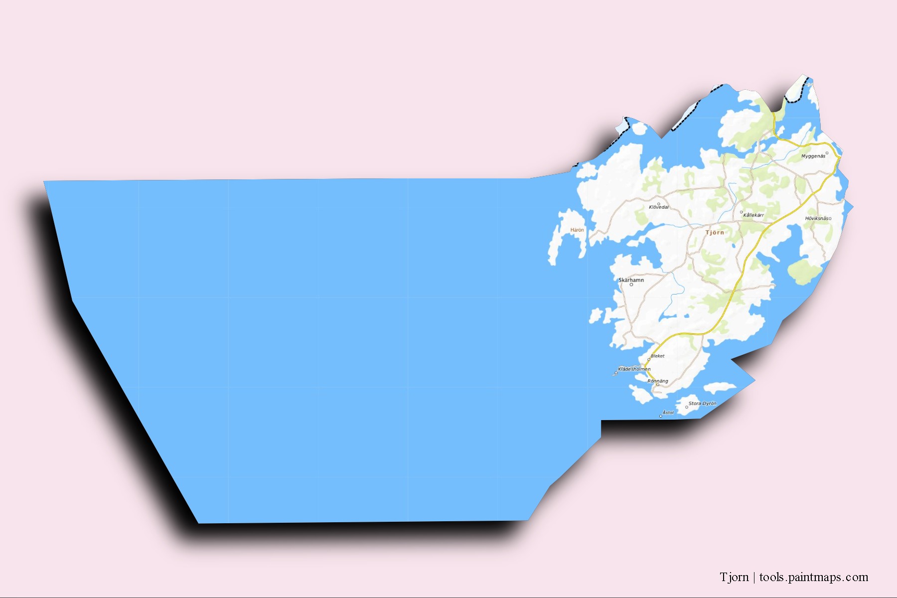 Mapa de barrios y pueblos de Tjorn con efecto de sombra 3D