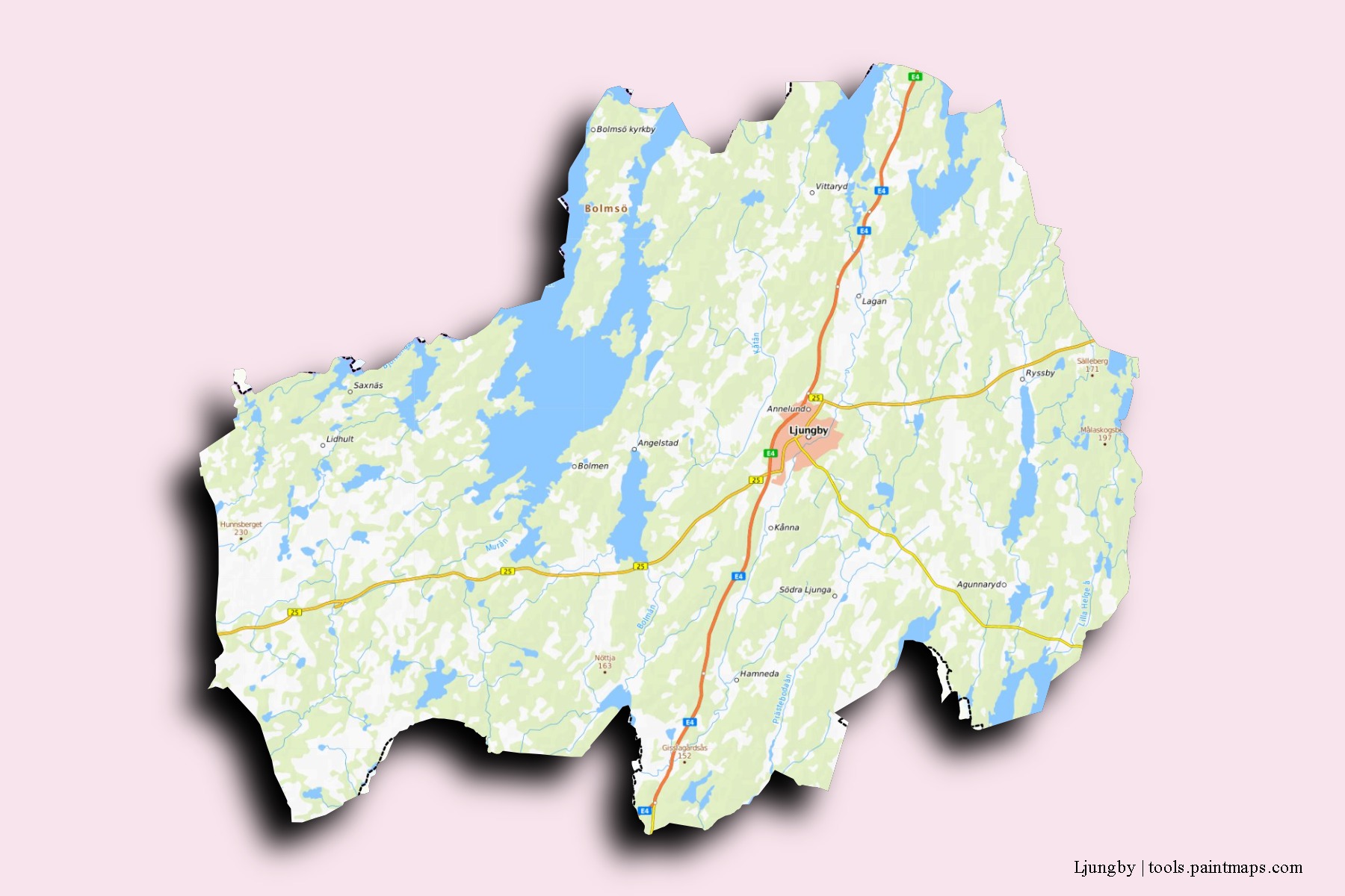 Ljungby neighborhoods and villages map with 3D shadow effect