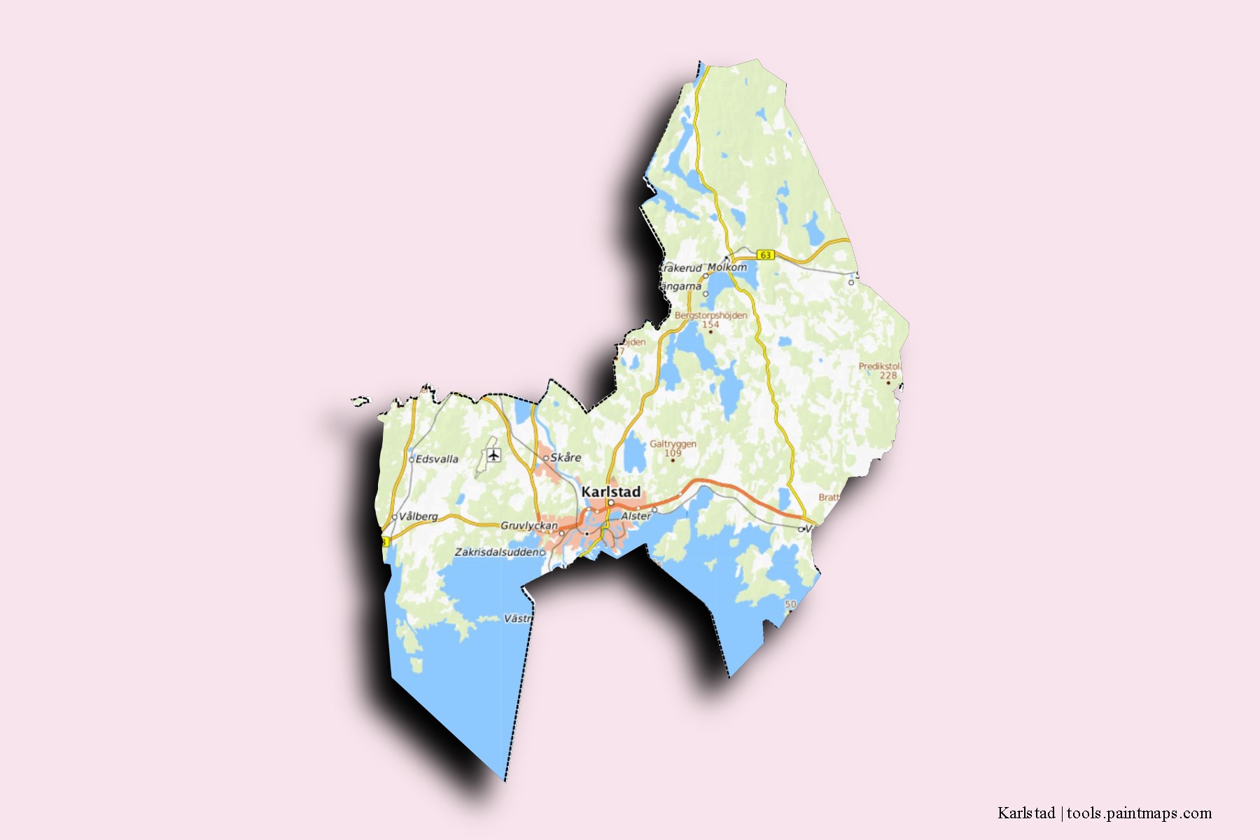 3D gölge efektli Karlstad mahalleleri ve köyleri haritası