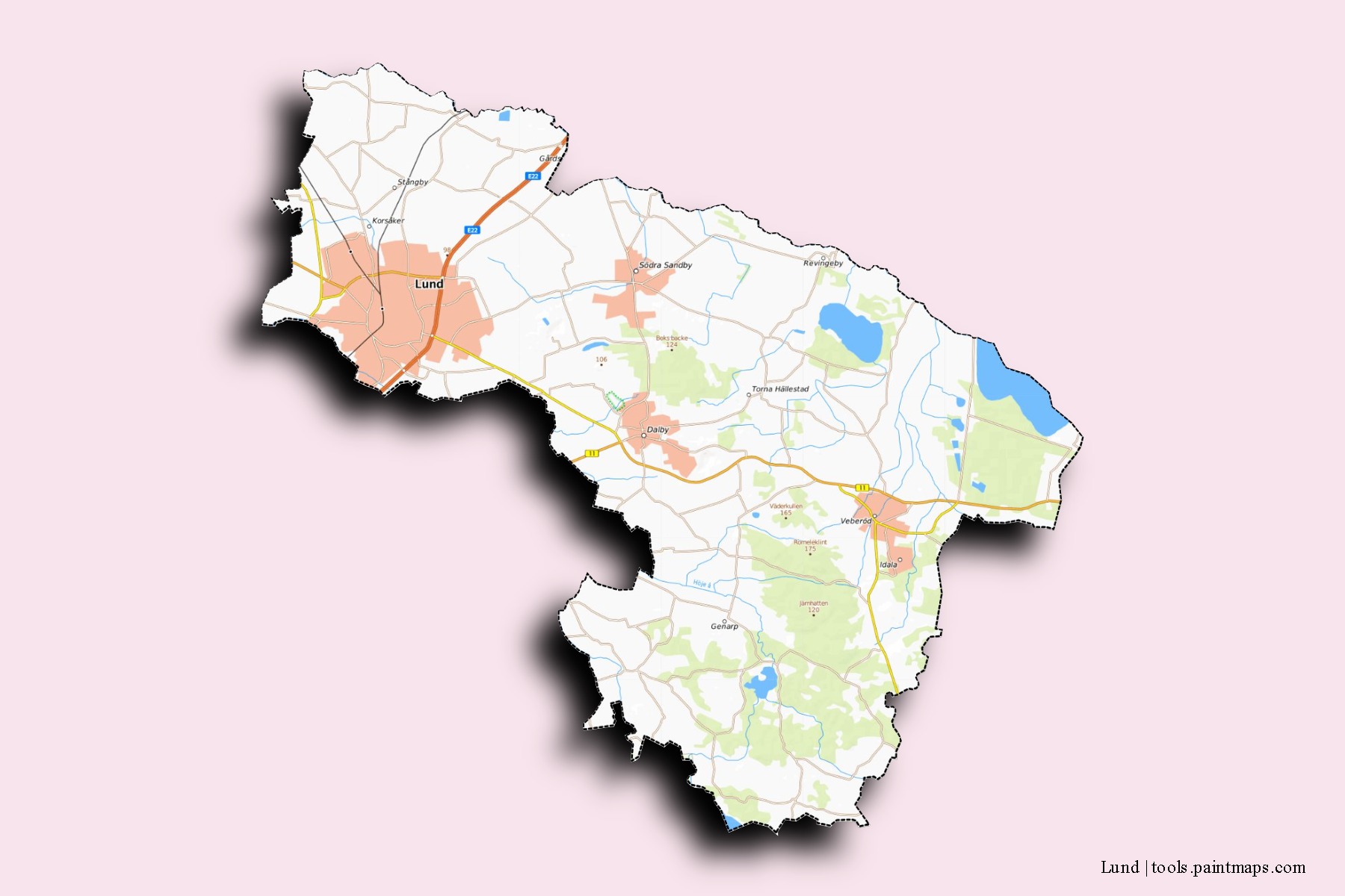 Lund neighborhoods and villages map with 3D shadow effect