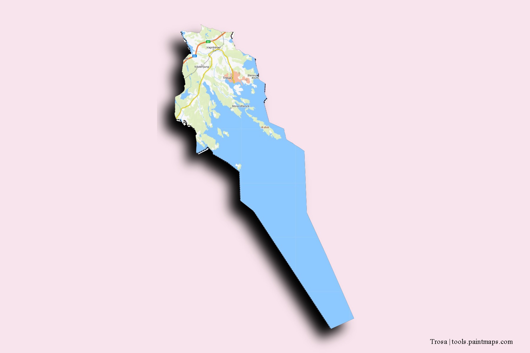 Mapa de barrios y pueblos de Trosa con efecto de sombra 3D