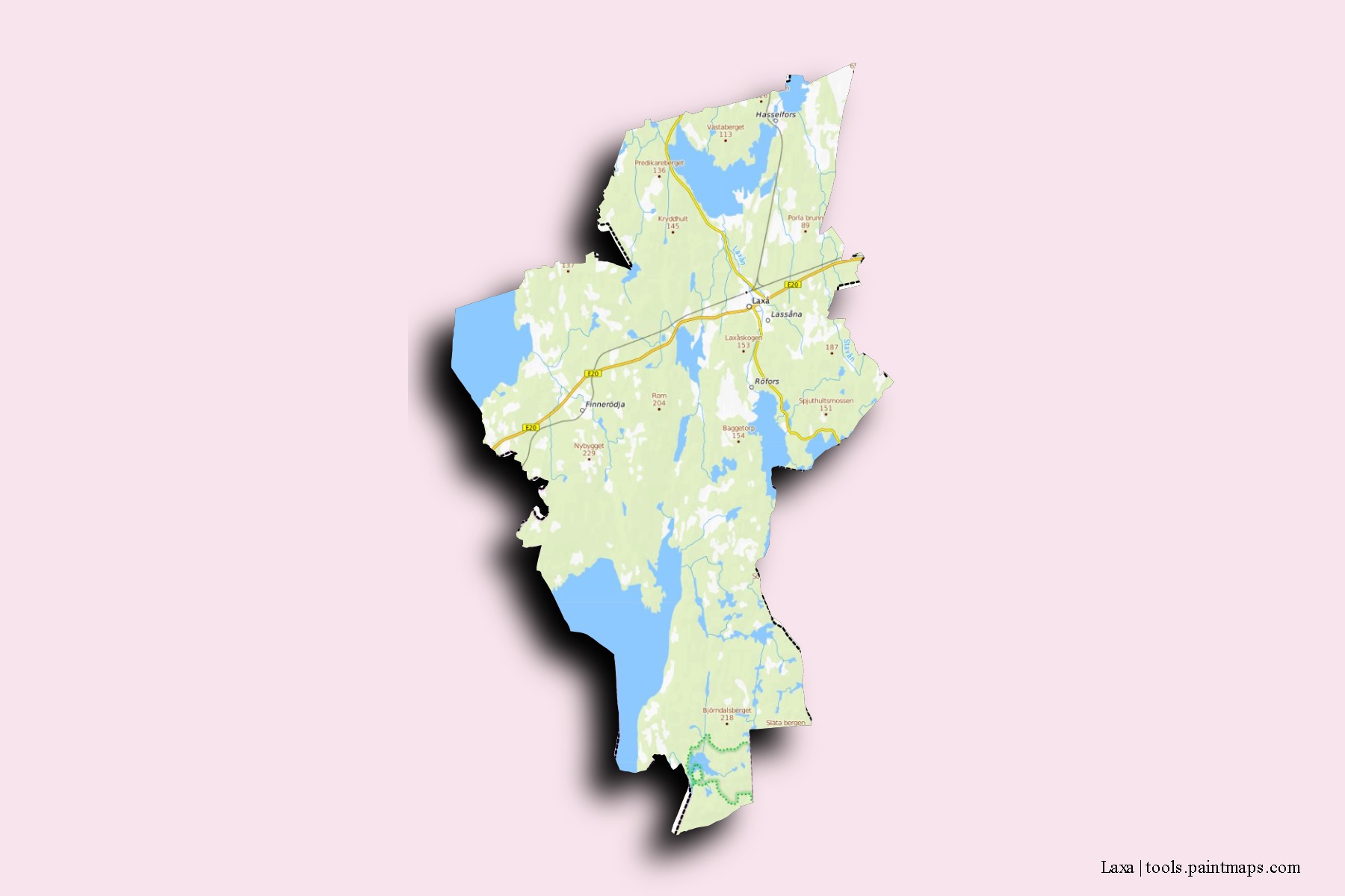 Mapa de barrios y pueblos de Laxa con efecto de sombra 3D