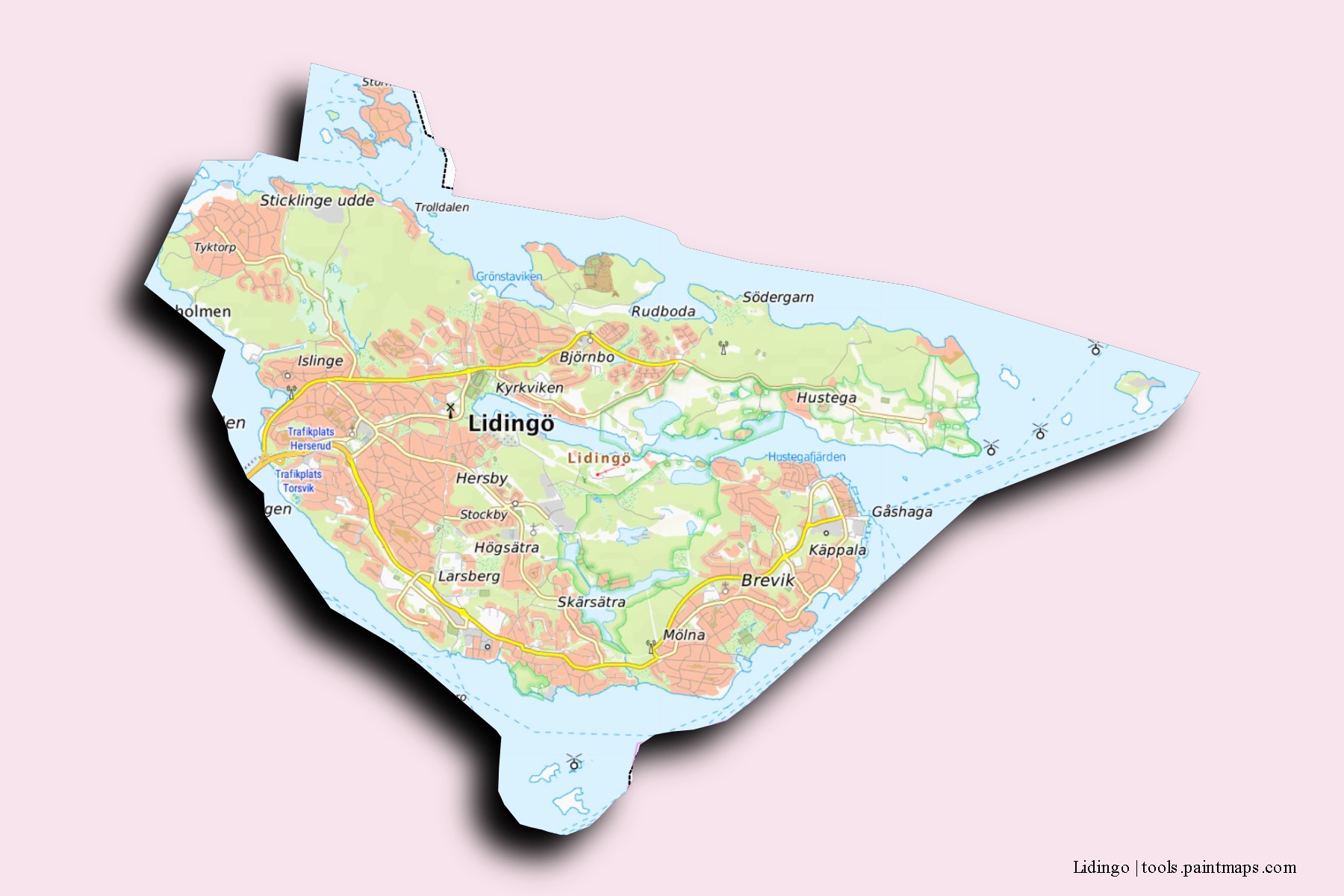 Mapa de barrios y pueblos de Lidingo con efecto de sombra 3D