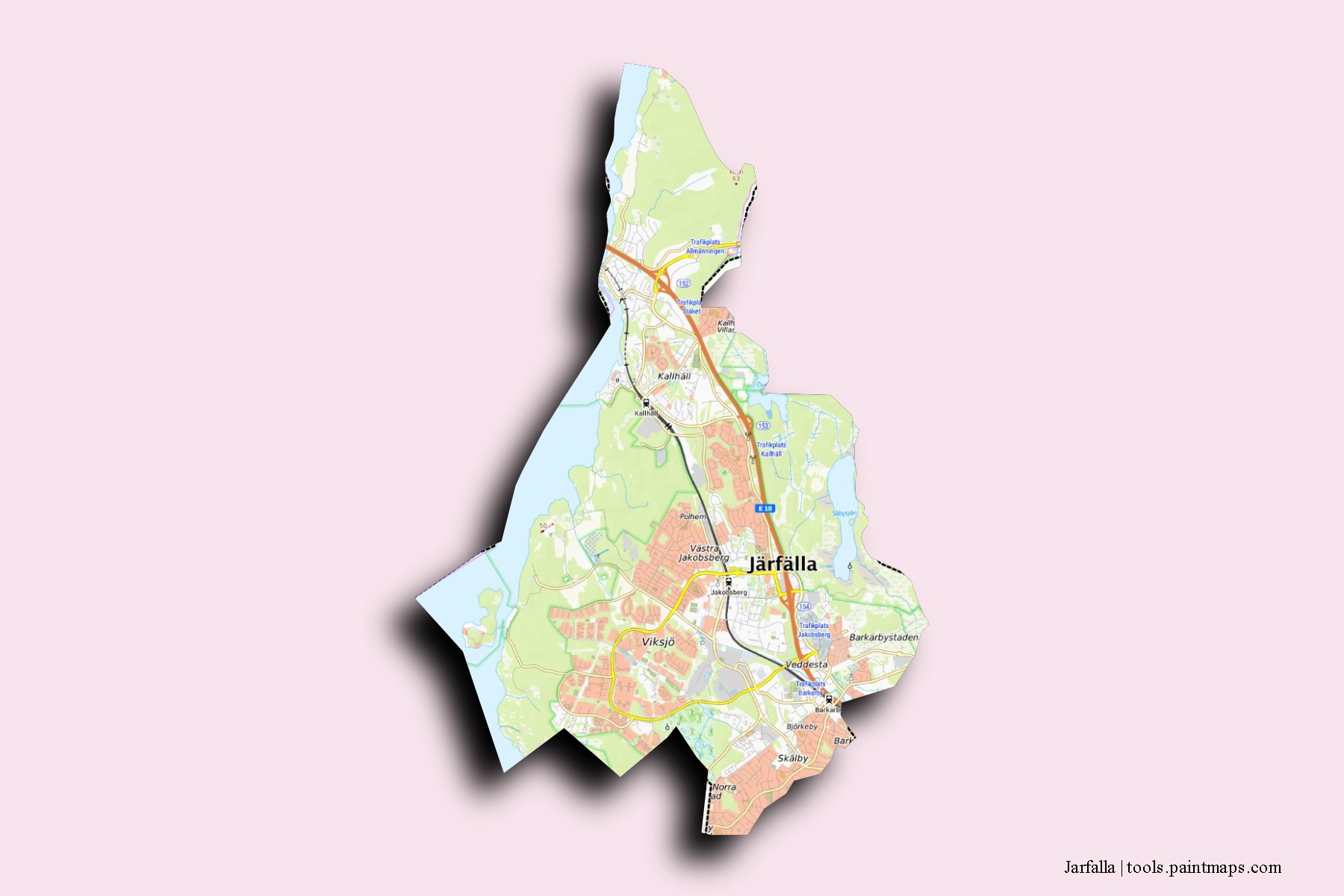 Mapa de barrios y pueblos de Jarfalla con efecto de sombra 3D