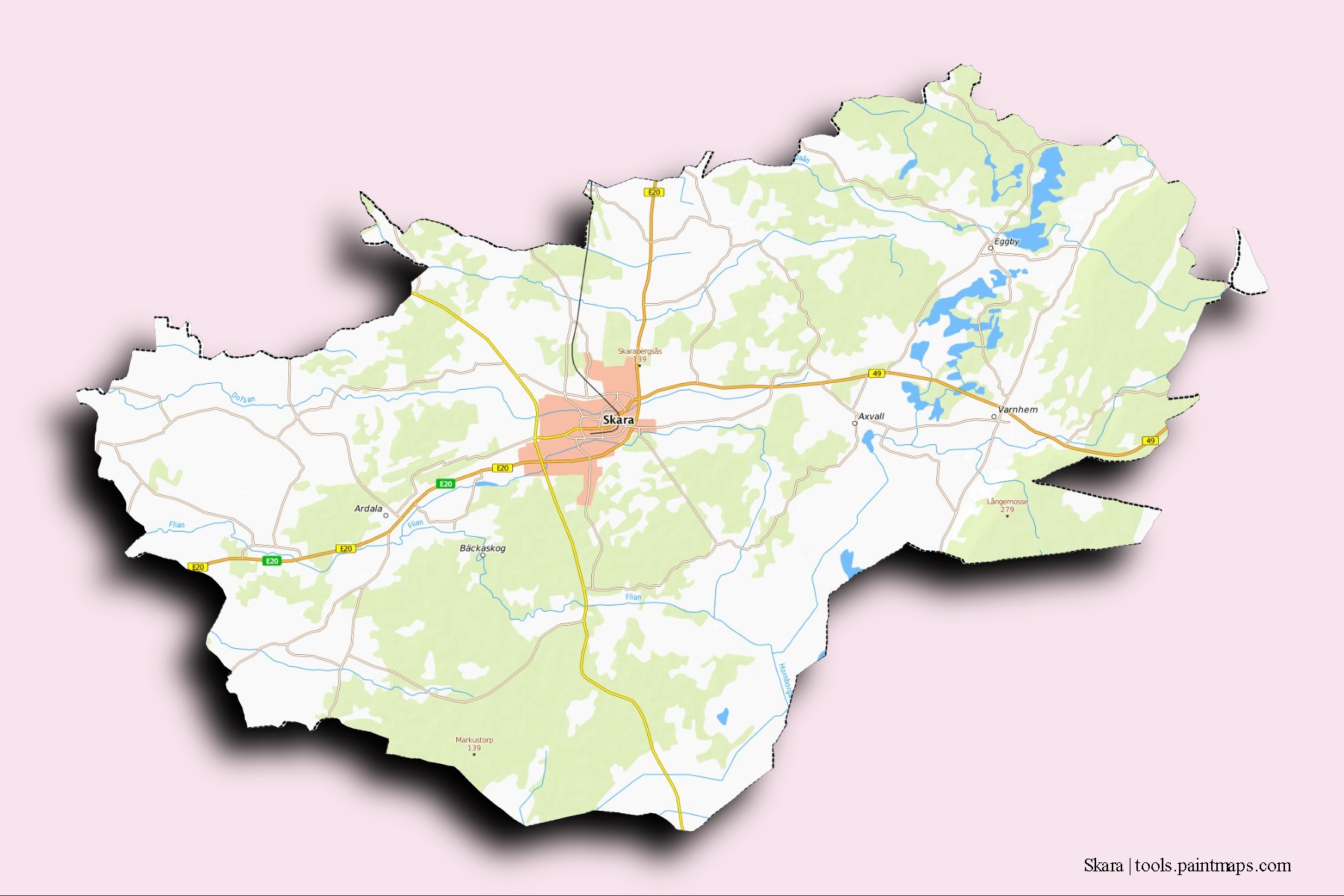 Mapa de barrios y pueblos de Skara con efecto de sombra 3D