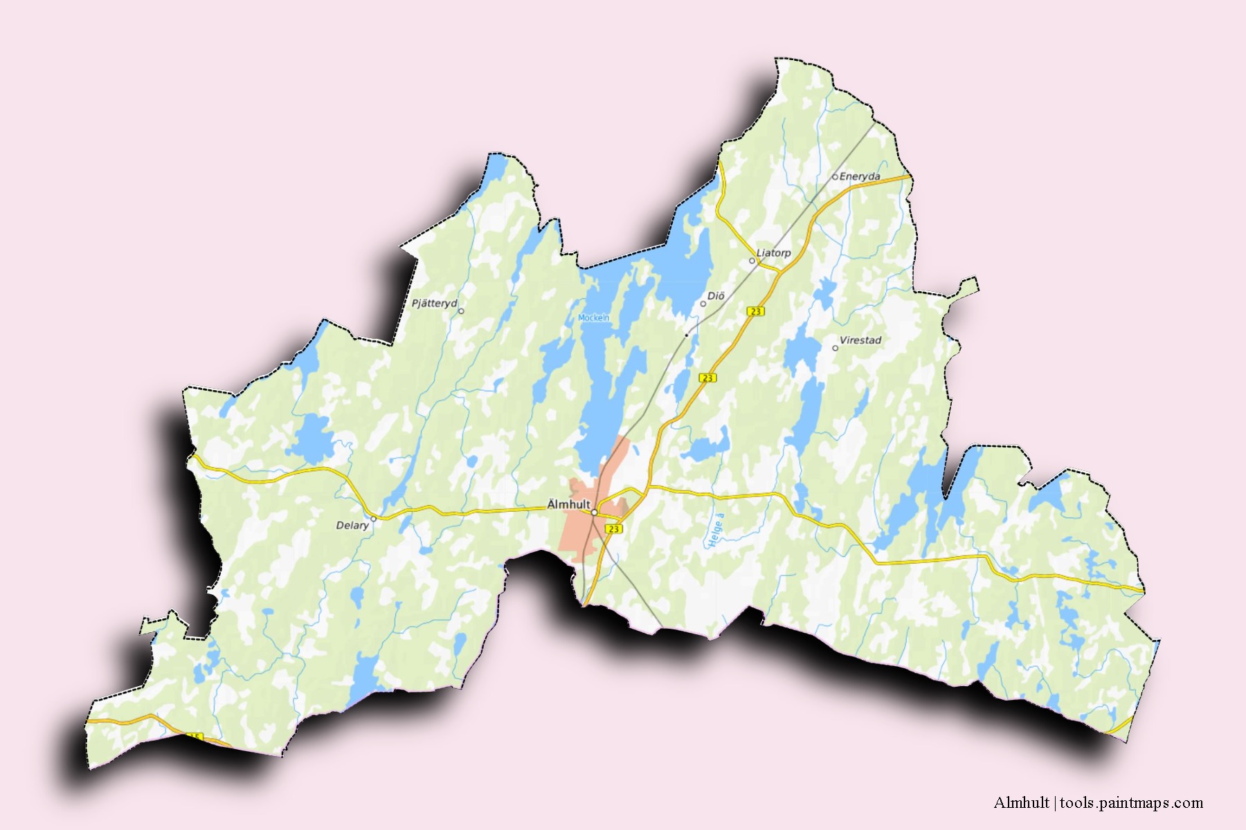 Mapa de barrios y pueblos de Almhult con efecto de sombra 3D