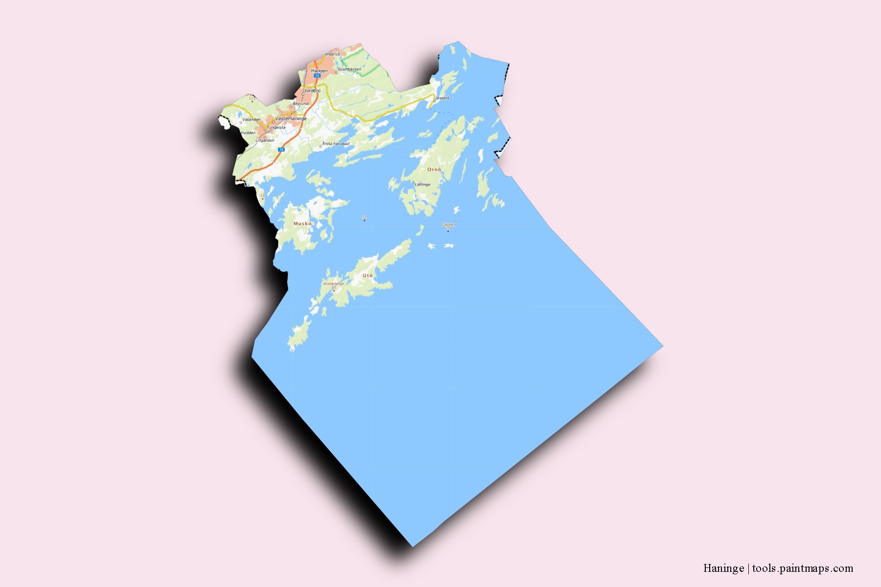 Haninge neighborhoods and villages map with 3D shadow effect