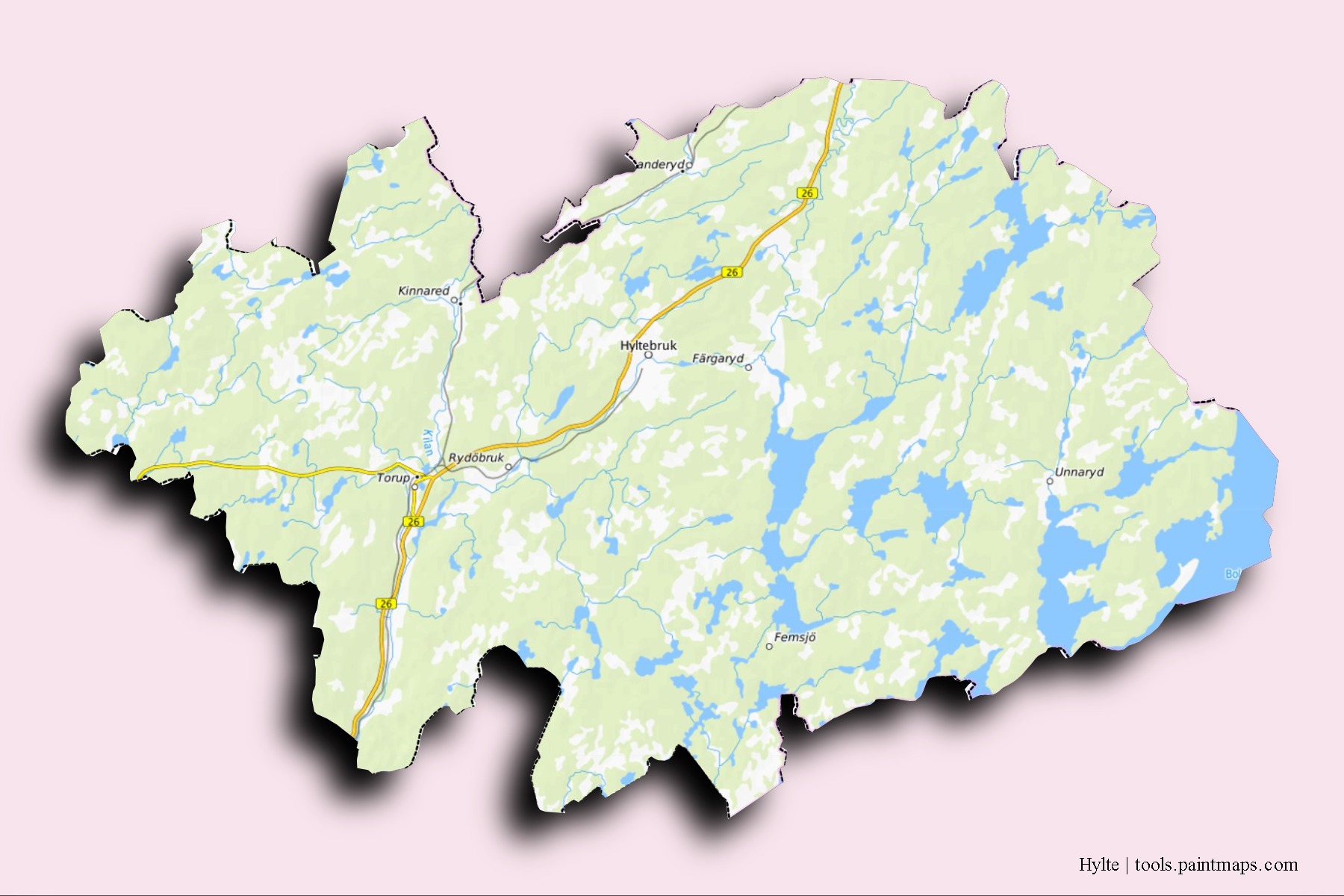 Mapa de barrios y pueblos de Hylte con efecto de sombra 3D