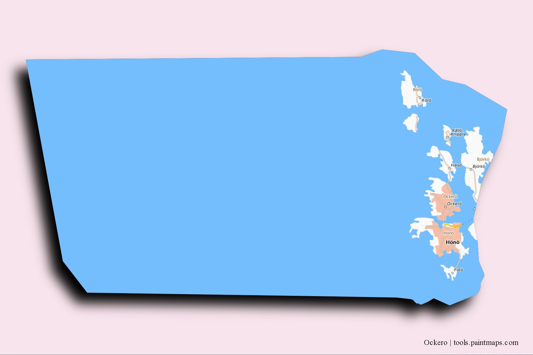 Ockero neighborhoods and villages map with 3D shadow effect