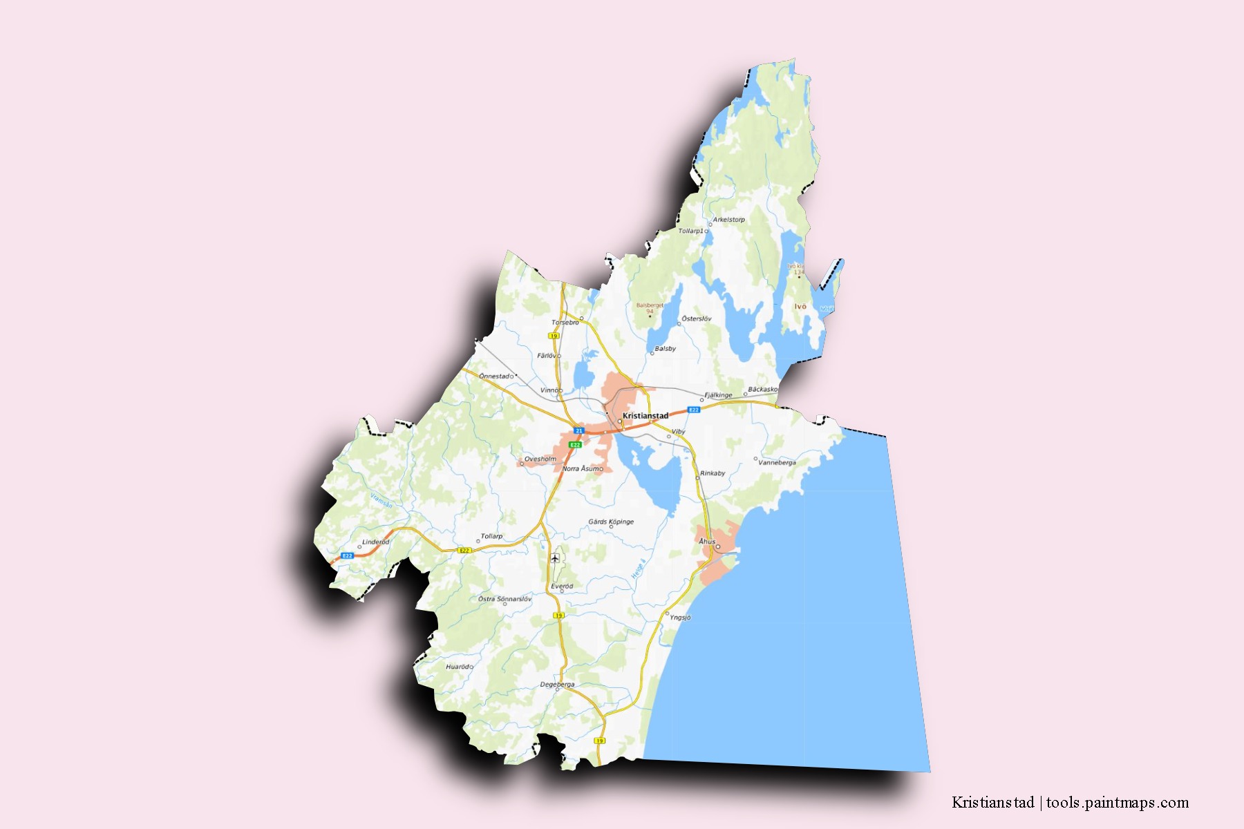 Mapa de barrios y pueblos de Kristianstad con efecto de sombra 3D