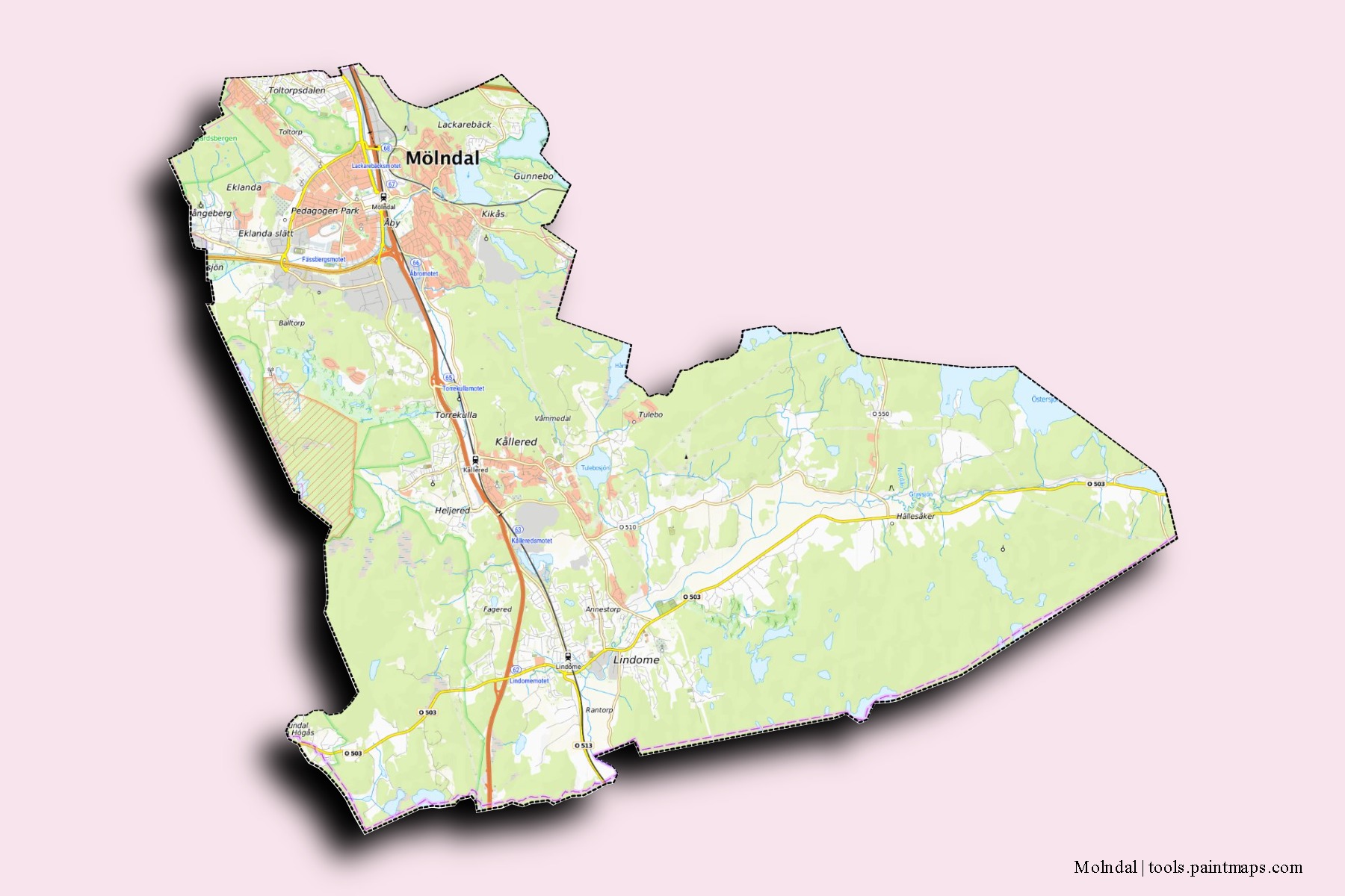 Molndal neighborhoods and villages map with 3D shadow effect