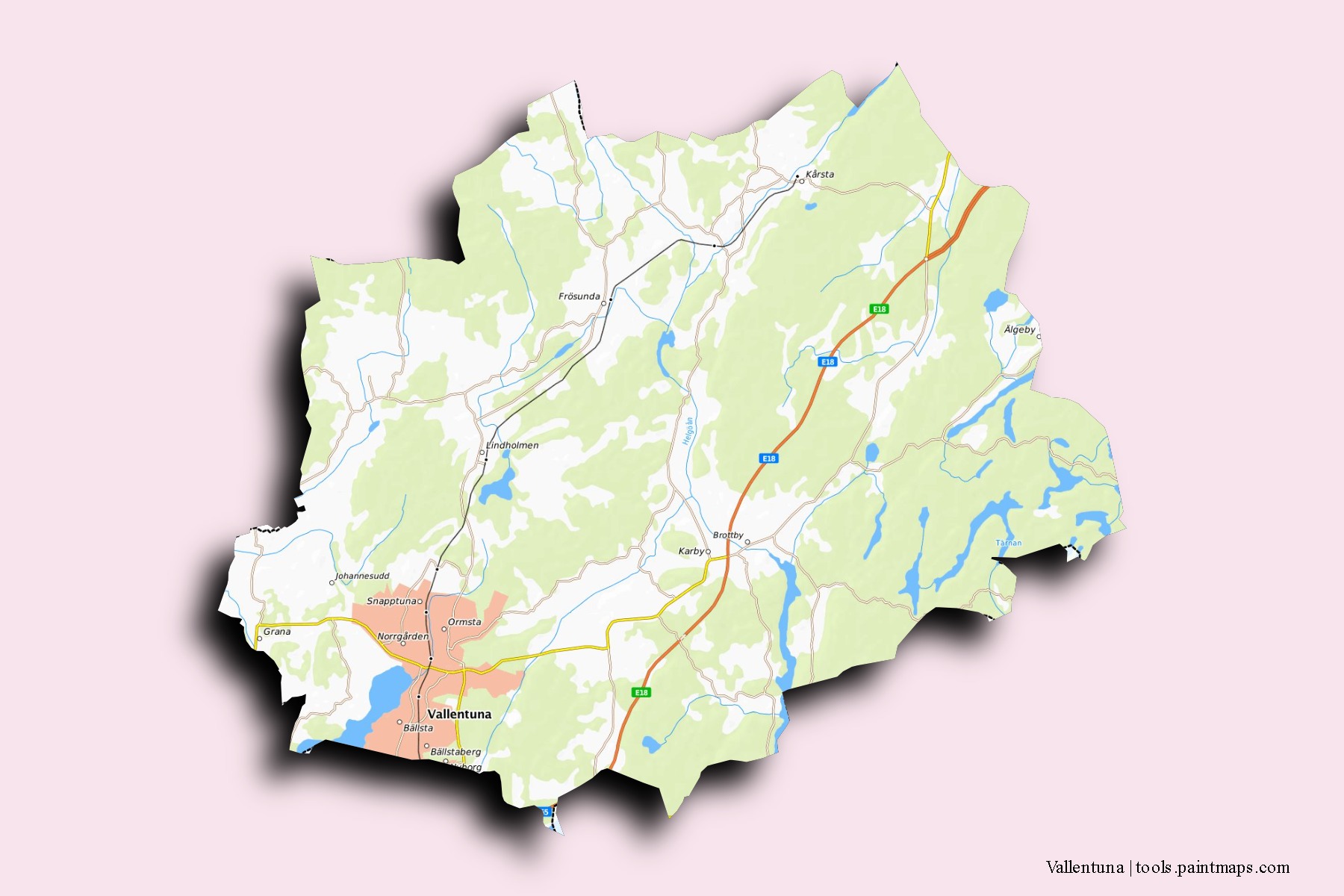 Vallentuna neighborhoods and villages map with 3D shadow effect