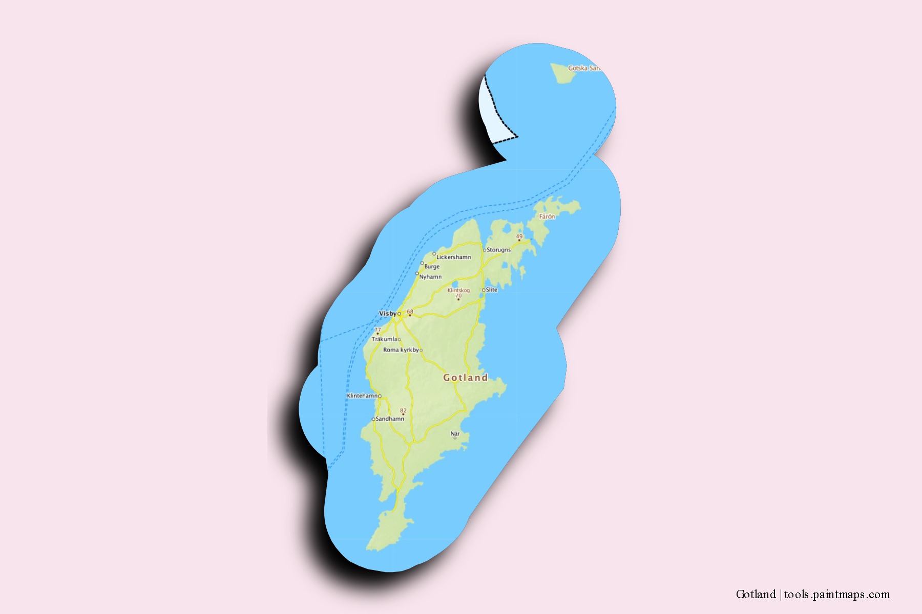 Mapa de barrios y pueblos de Gotland con efecto de sombra 3D