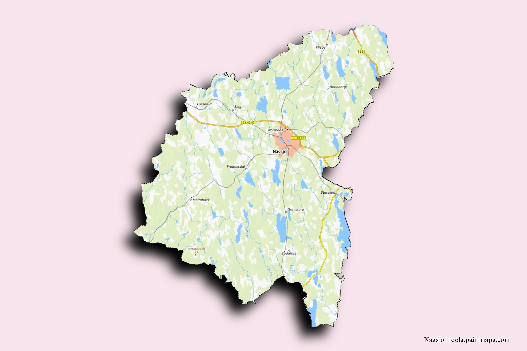 Mapa de barrios y pueblos de Nassjo con efecto de sombra 3D