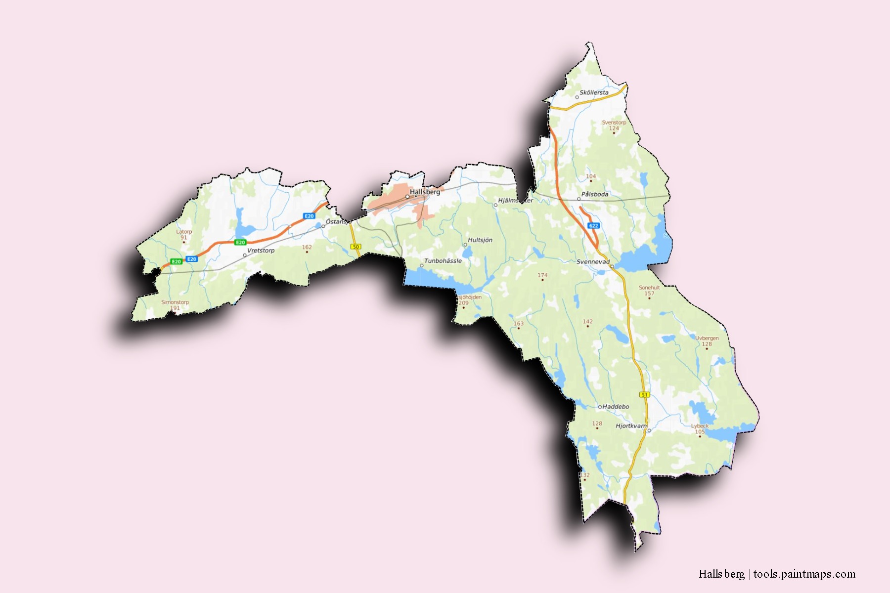 Hallsberg neighborhoods and villages map with 3D shadow effect