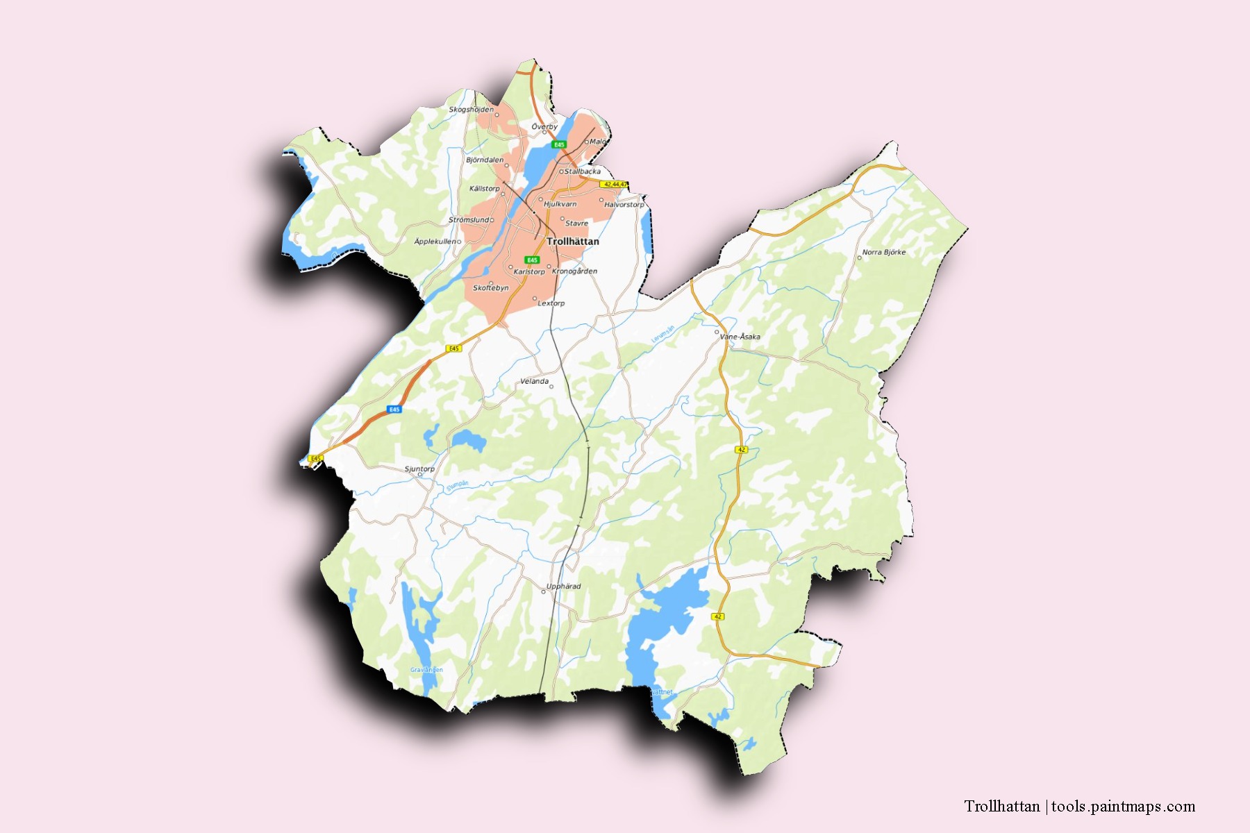 Trollhattan neighborhoods and villages map with 3D shadow effect