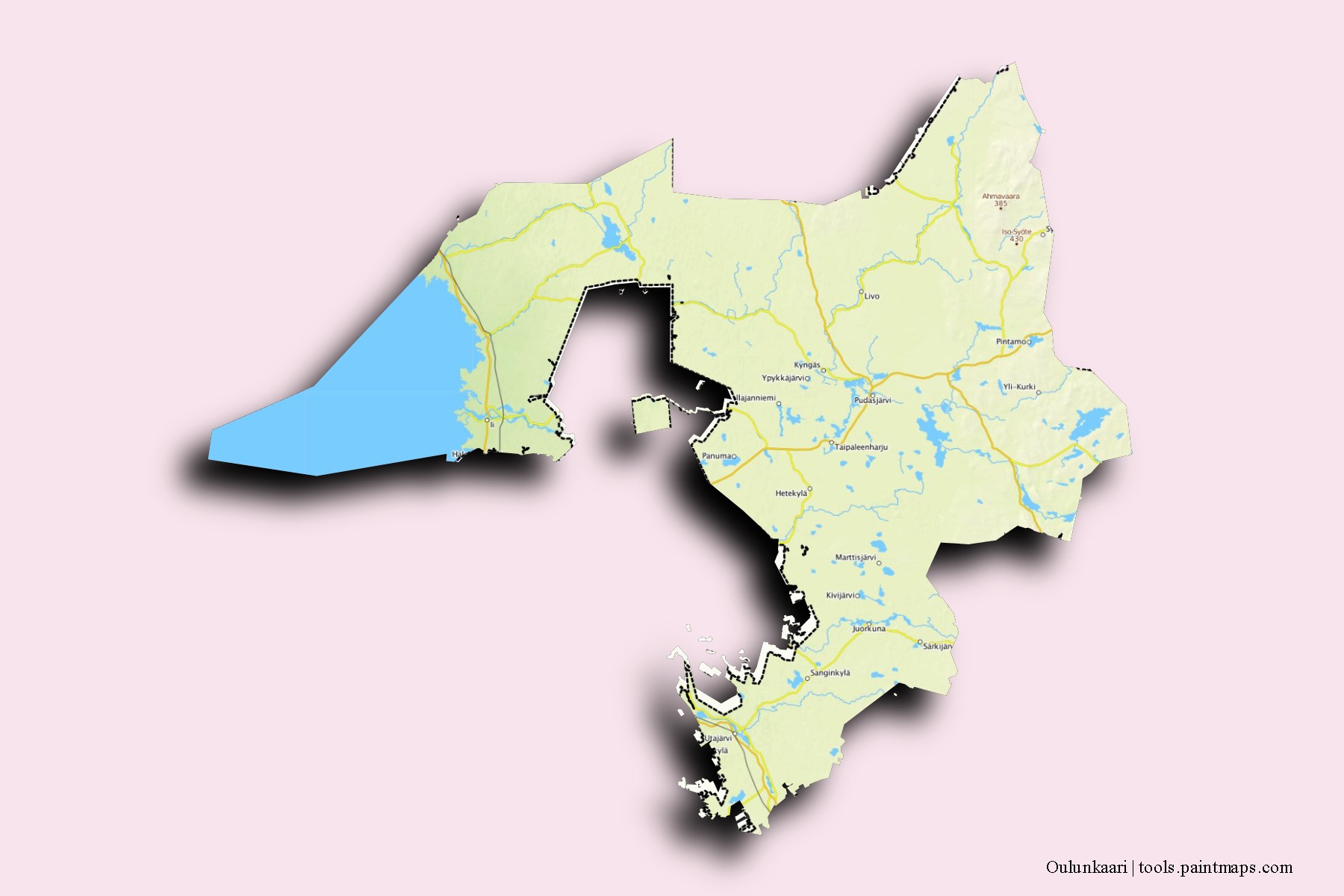 Mapa de barrios y pueblos de Oulunkaari con efecto de sombra 3D