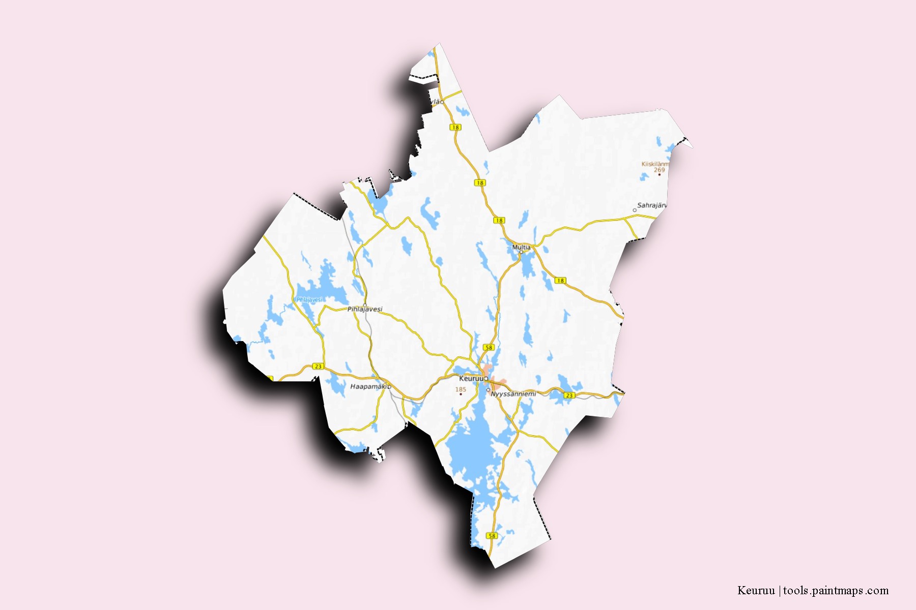 Keuruu neighborhoods and villages map with 3D shadow effect