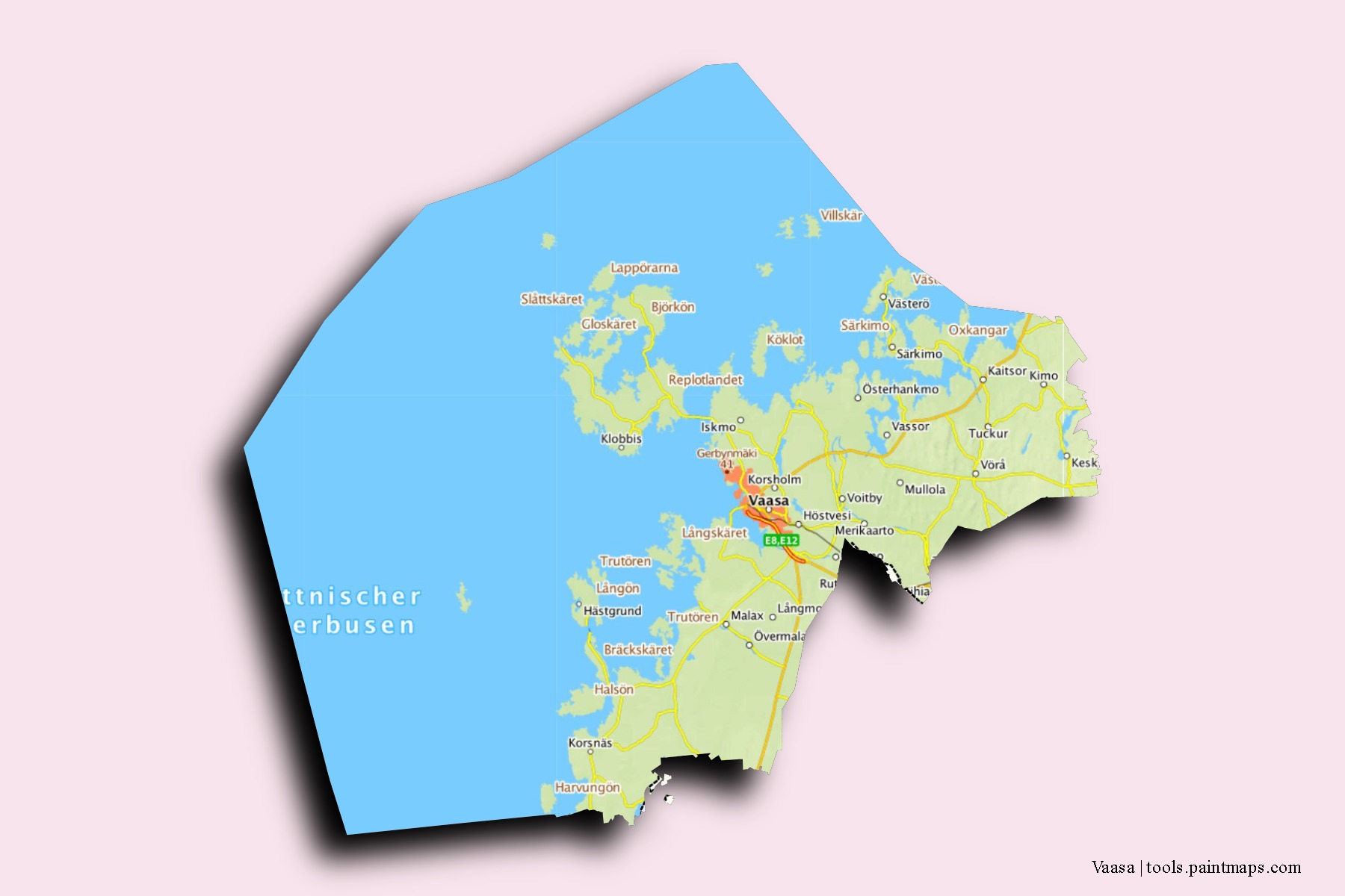 Mapa de barrios y pueblos de Vaasa con efecto de sombra 3D