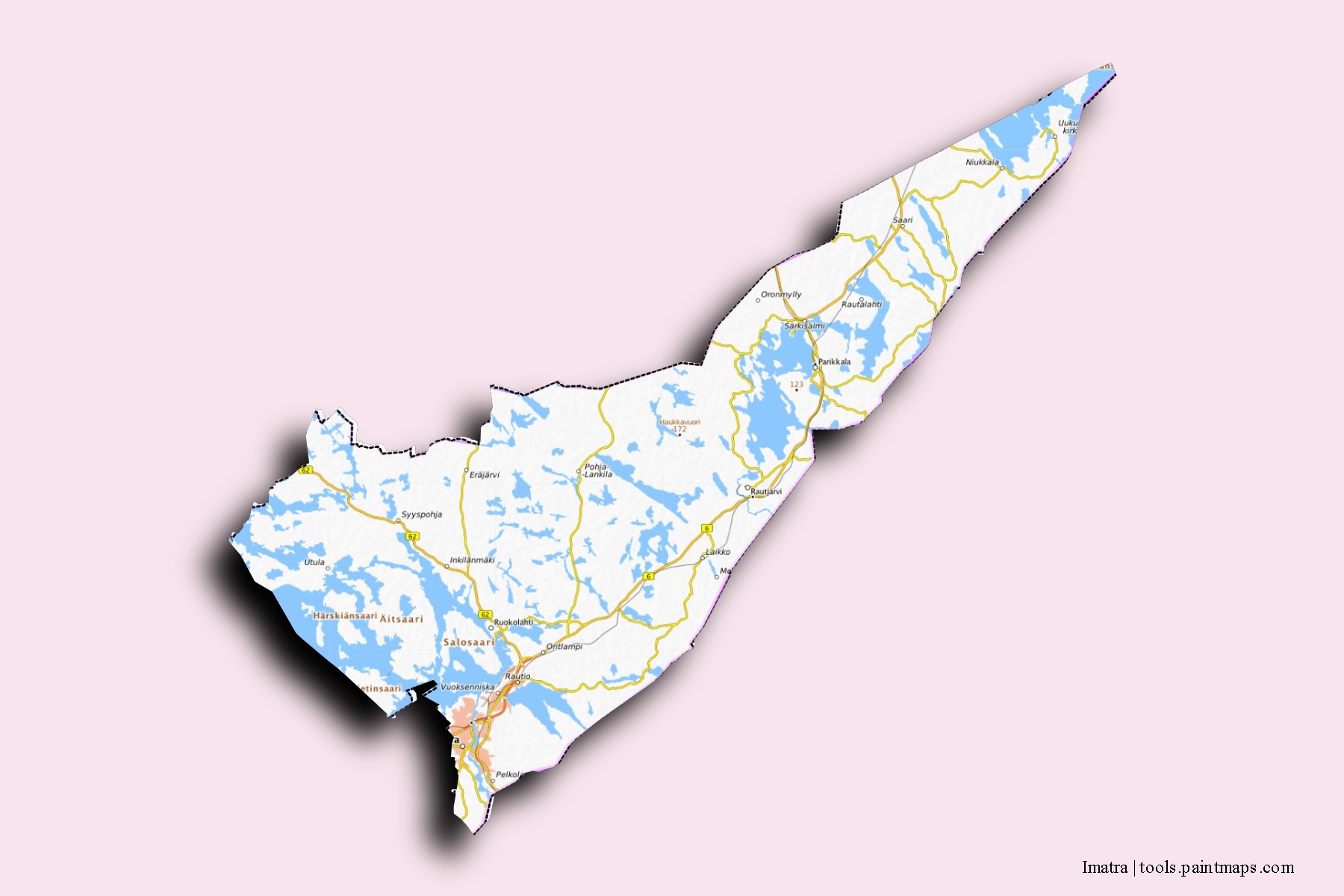 Mapa de barrios y pueblos de Imatra con efecto de sombra 3D