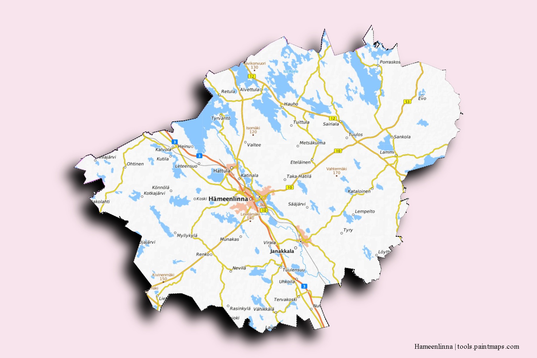 Hameenlinna neighborhoods and villages map with 3D shadow effect