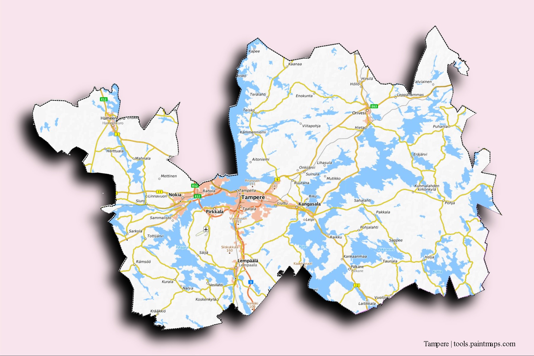 3D gölge efektli Tampere mahalleleri ve köyleri haritası