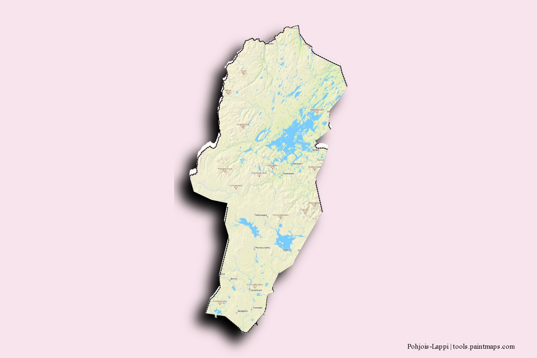 Mapa de barrios y pueblos de Pohjois-Lappi con efecto de sombra 3D