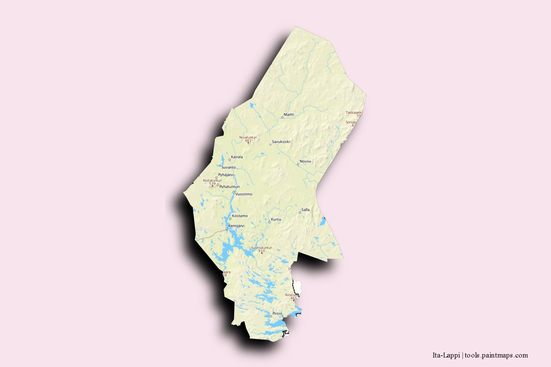 Mapa de barrios y pueblos de Ita-Lappi con efecto de sombra 3D