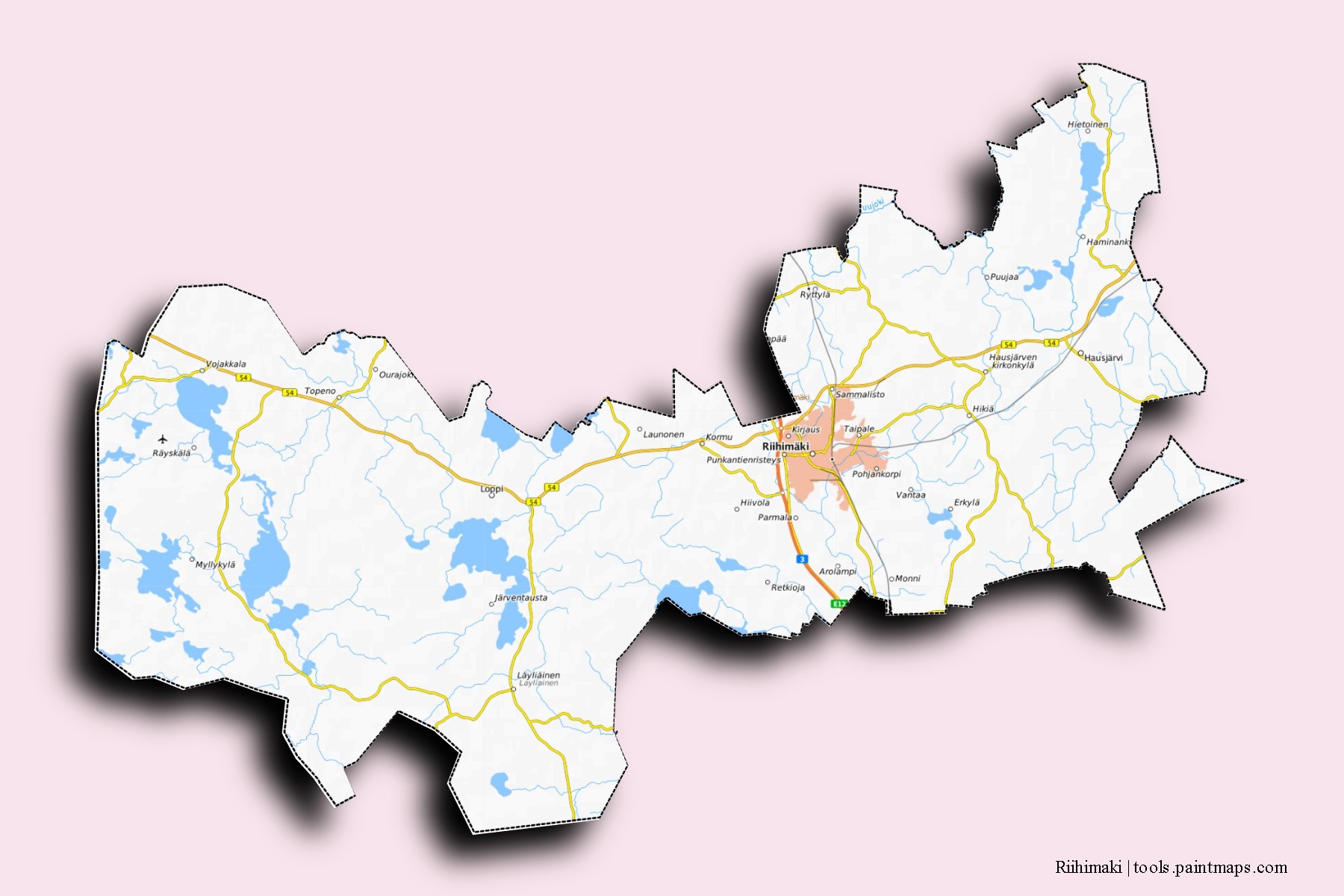 Riihimaki neighborhoods and villages map with 3D shadow effect