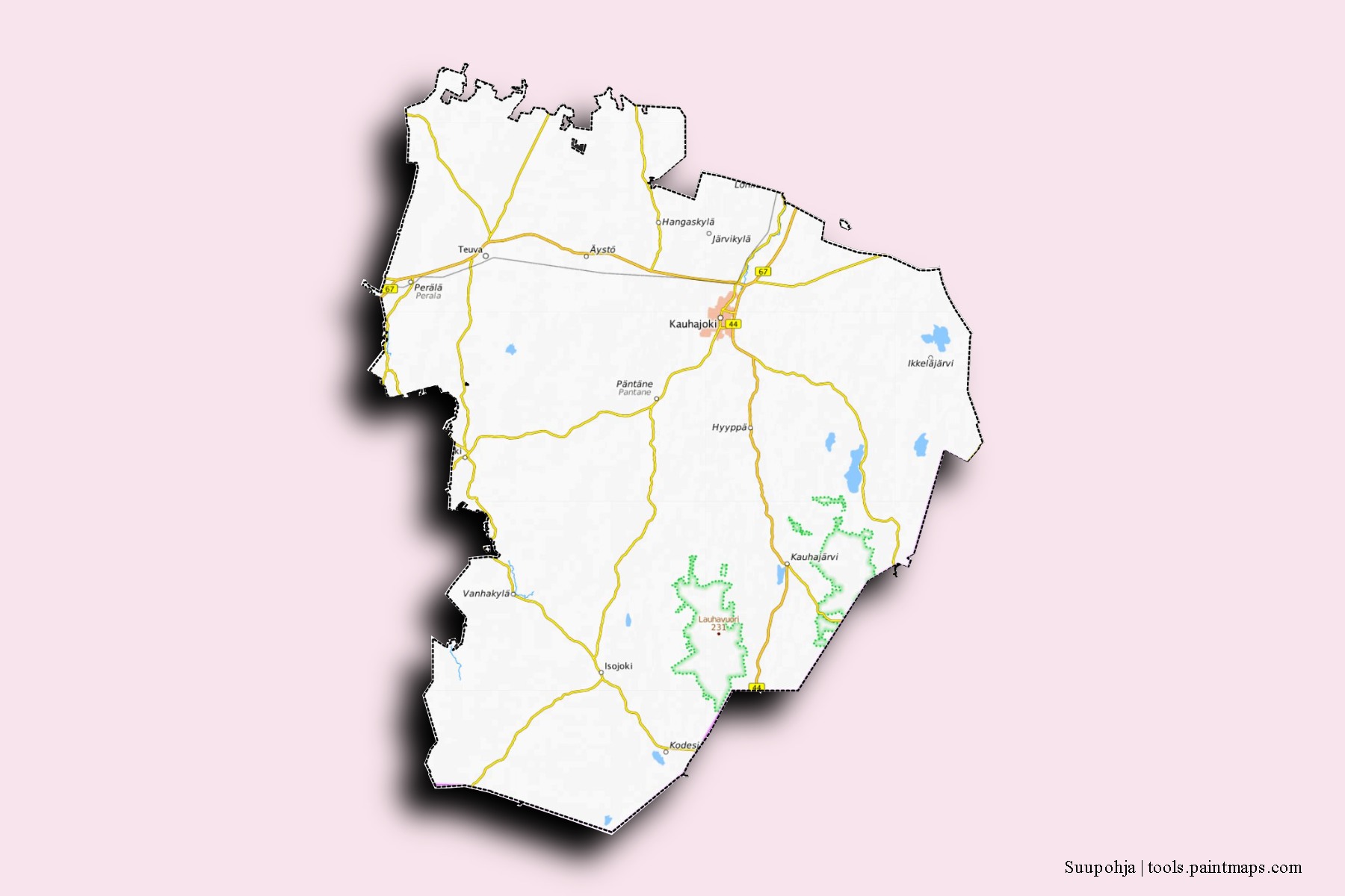 Mapa de barrios y pueblos de Suupohja con efecto de sombra 3D