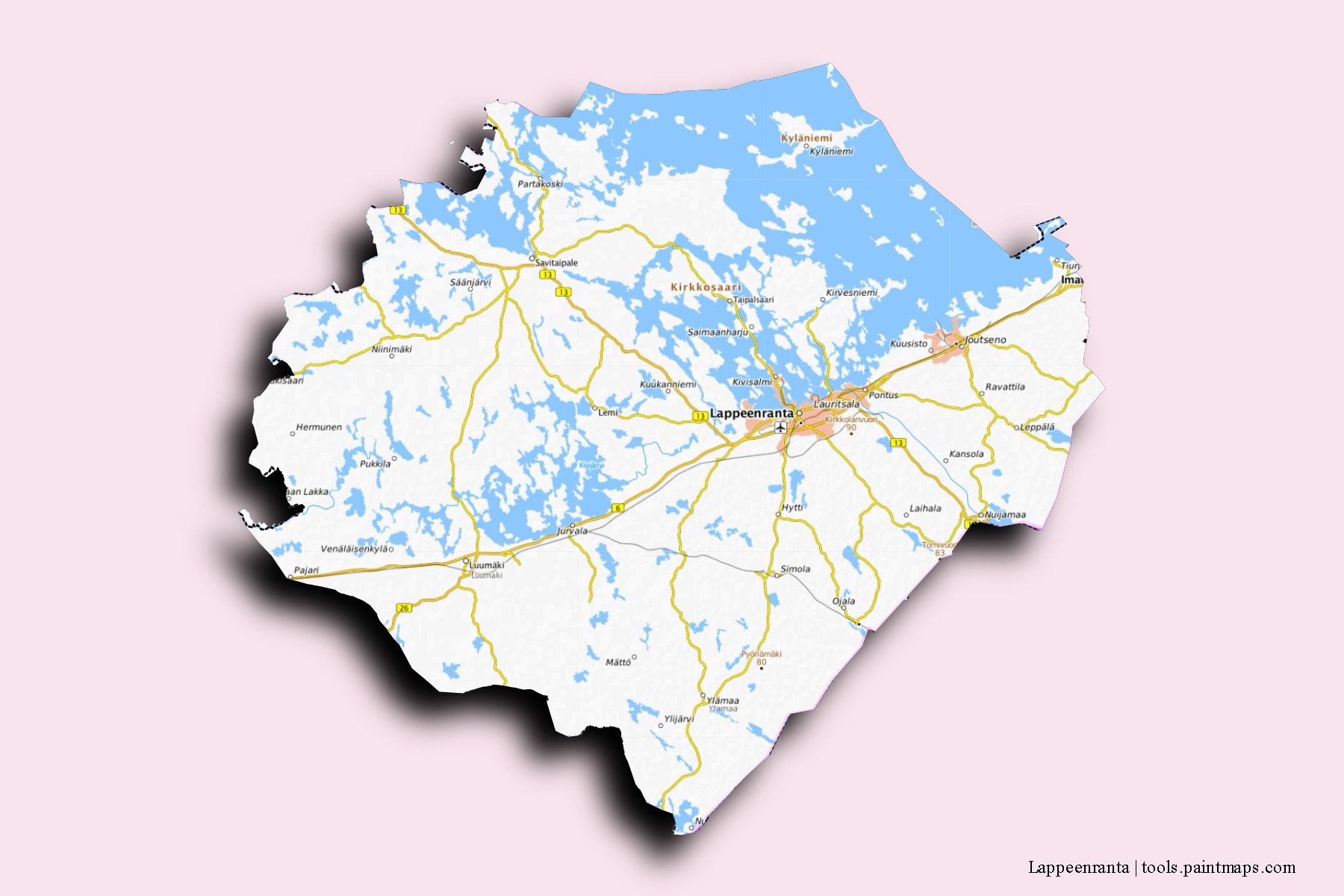 3D gölge efektli Lappeenranta mahalleleri ve köyleri haritası