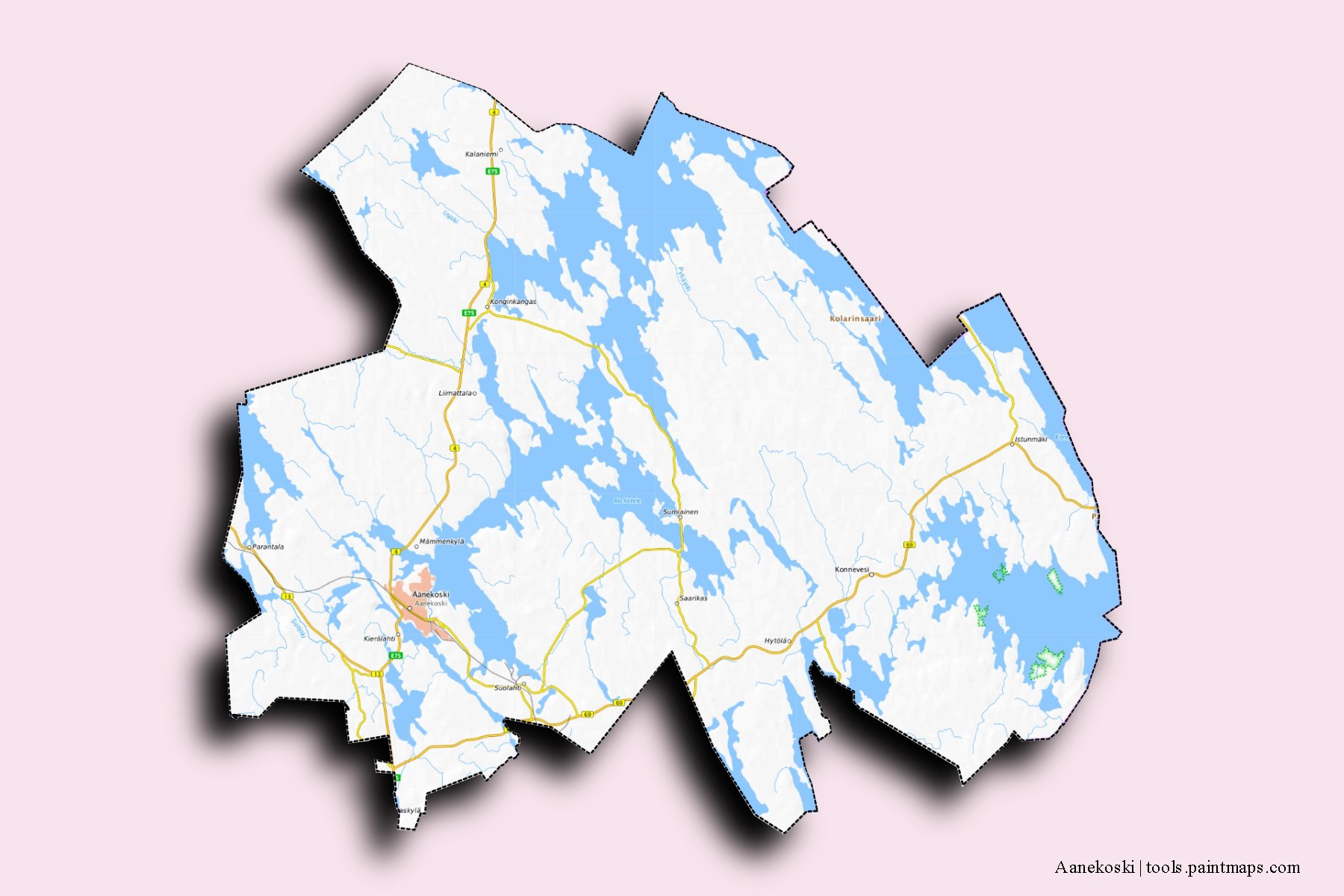 Aanekoski neighborhoods and villages map with 3D shadow effect