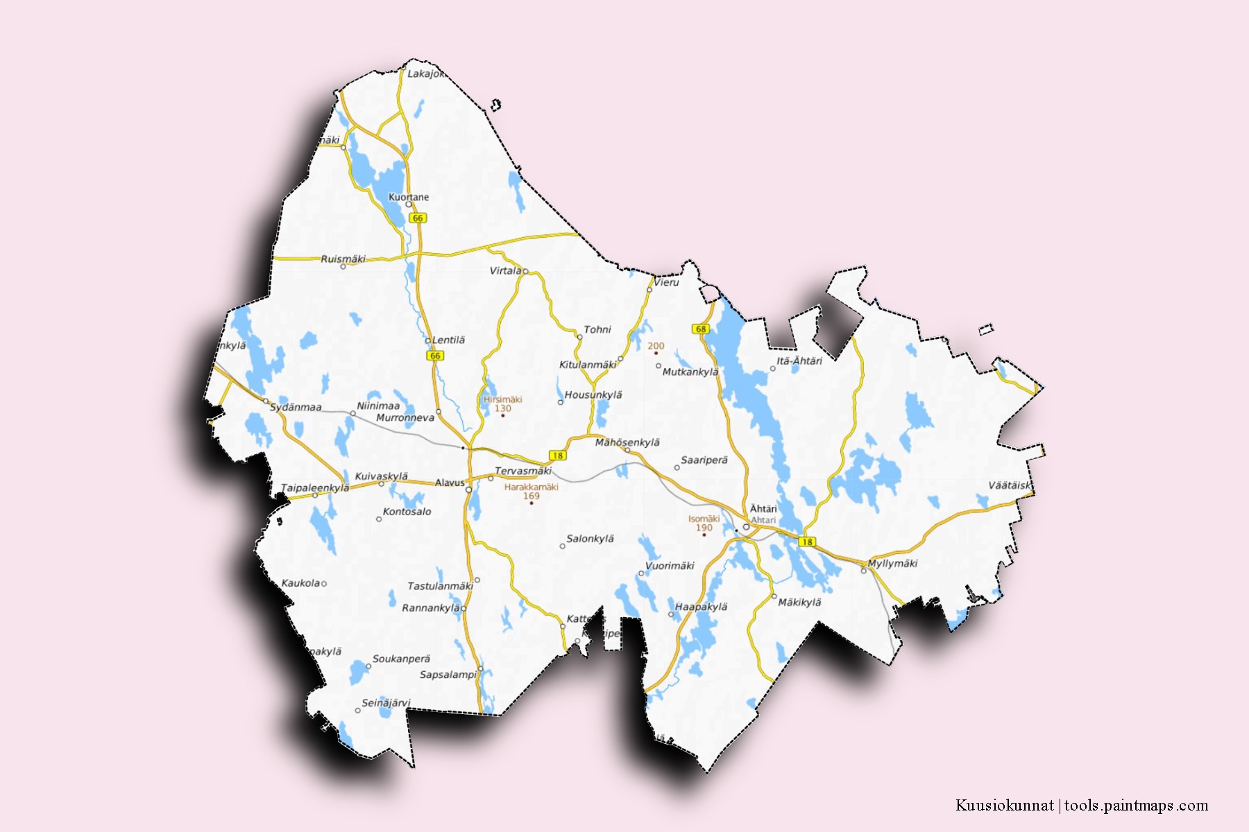 Mapa de barrios y pueblos de Kuusiokunnat con efecto de sombra 3D