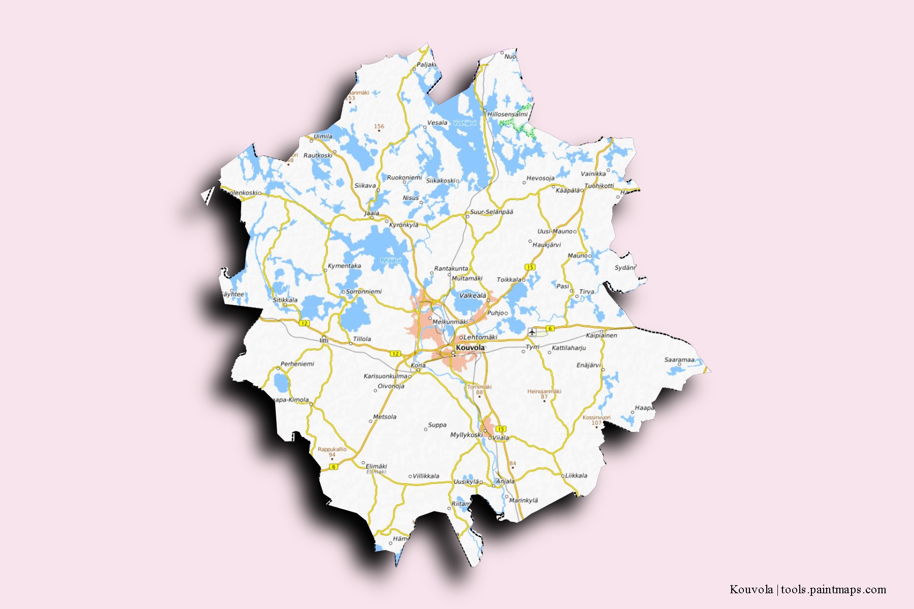 Mapa de barrios y pueblos de Kouvola con efecto de sombra 3D