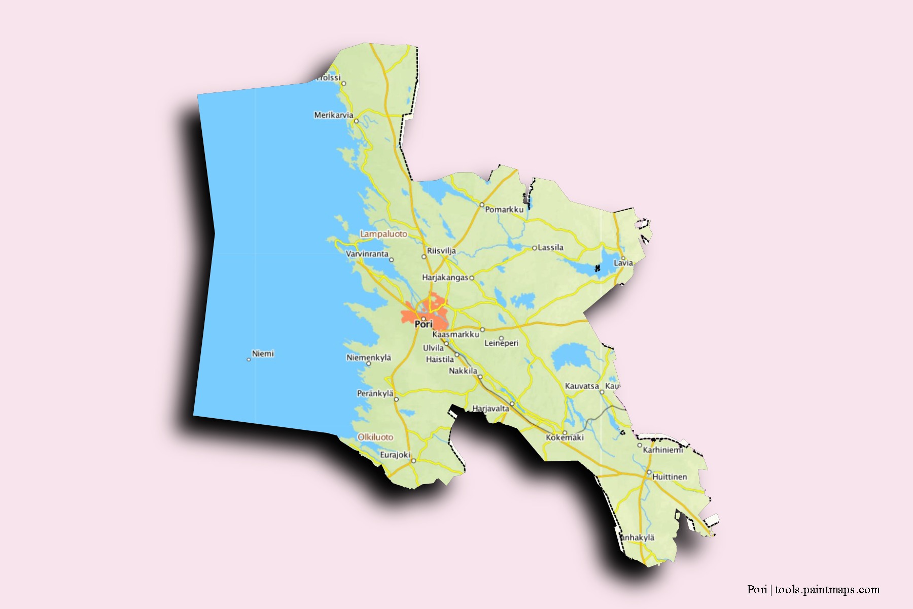 Pori neighborhoods and villages map with 3D shadow effect