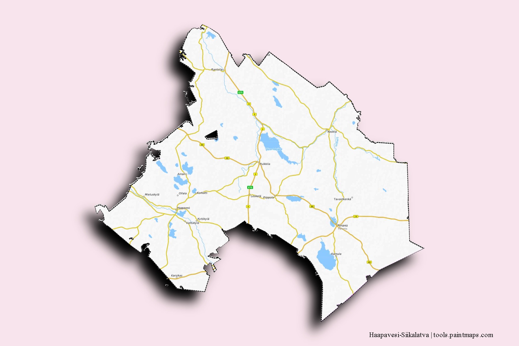 Mapa de barrios y pueblos de Haapavesi-Siikalatva con efecto de sombra 3D