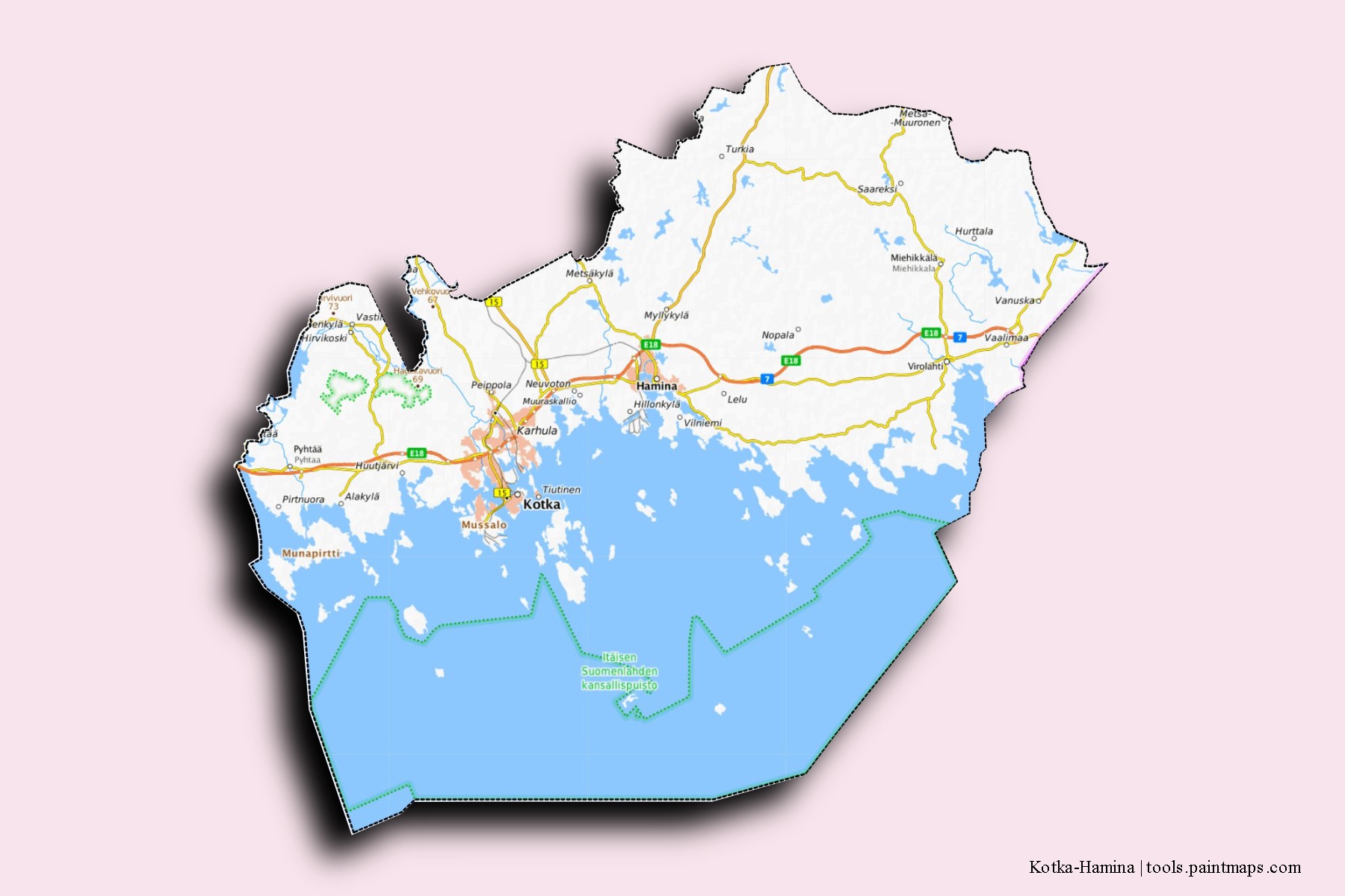 Mapa de barrios y pueblos de Kotka-Hamina con efecto de sombra 3D