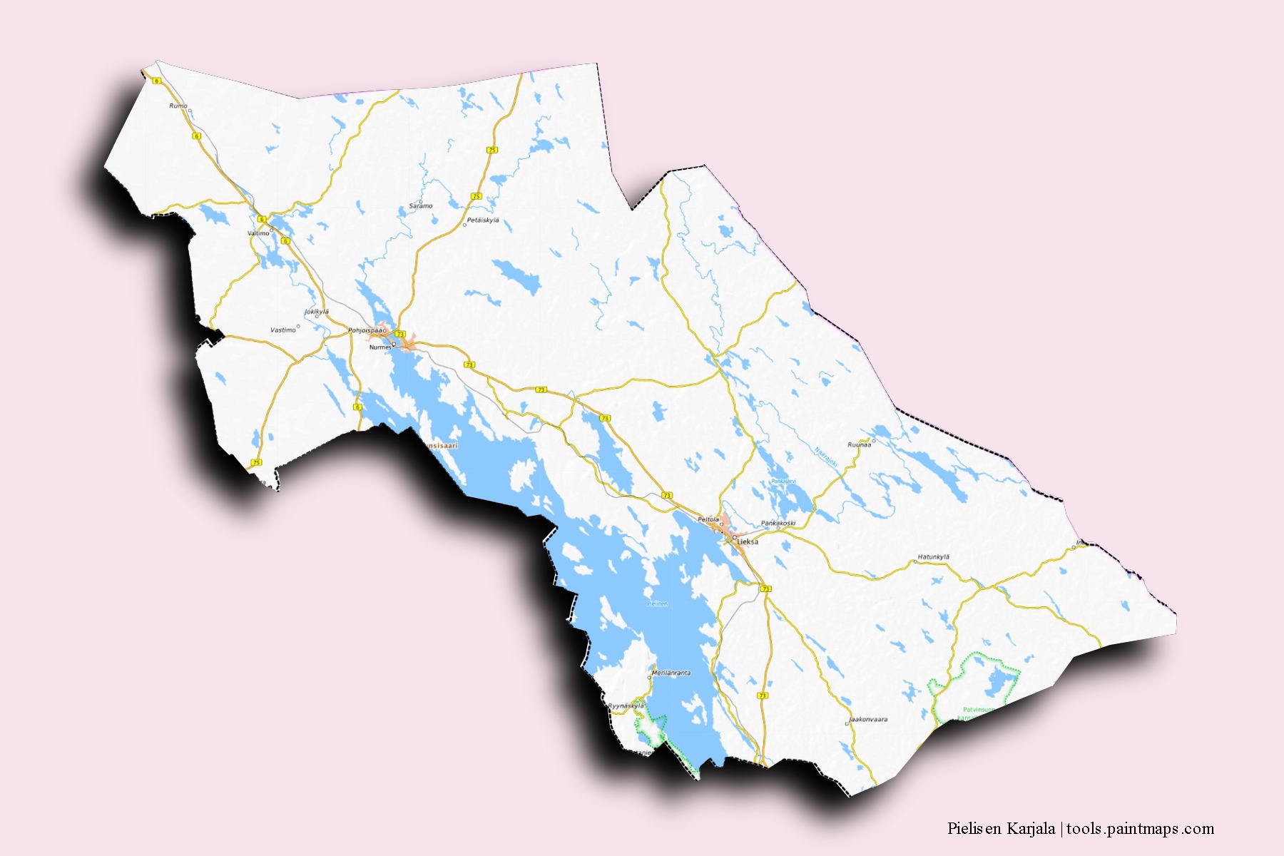 Mapa de barrios y pueblos de Pielisen Karjala con efecto de sombra 3D