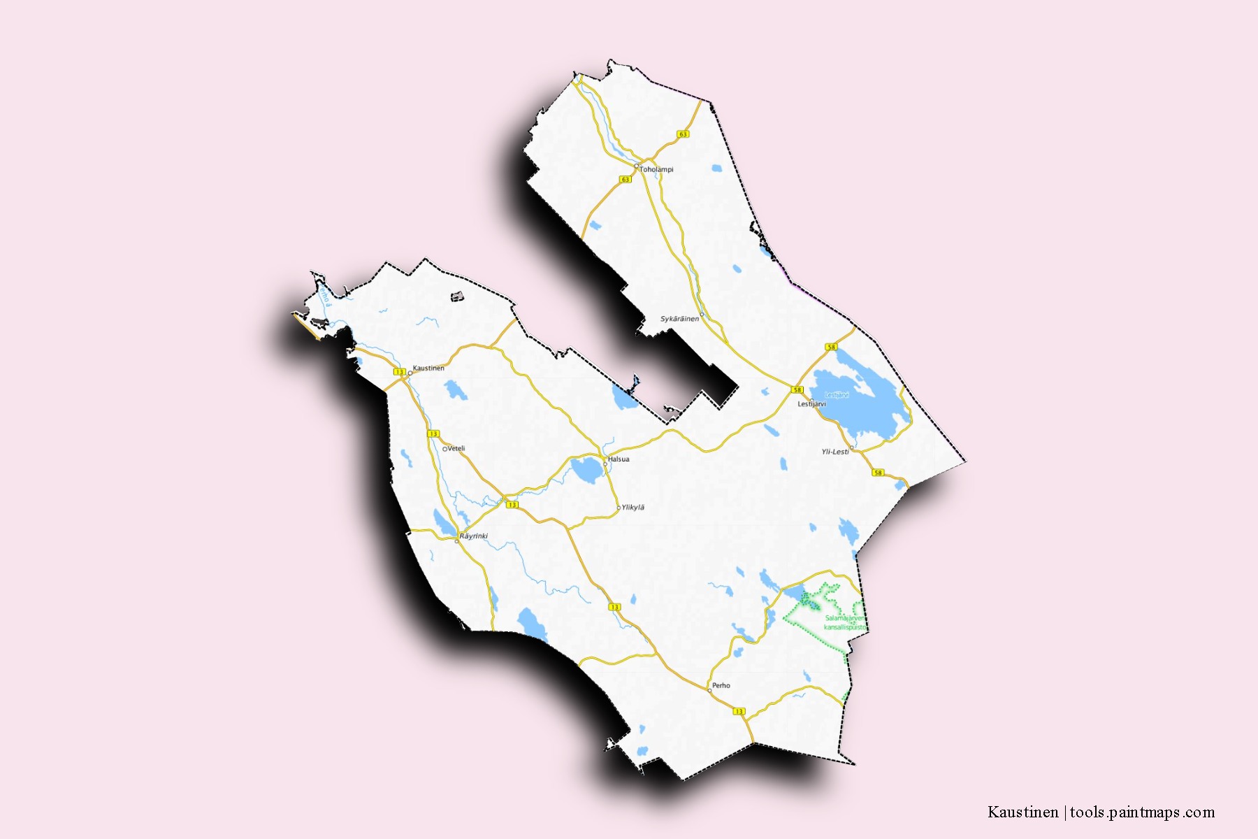 Mapa de barrios y pueblos de Kaustinen con efecto de sombra 3D