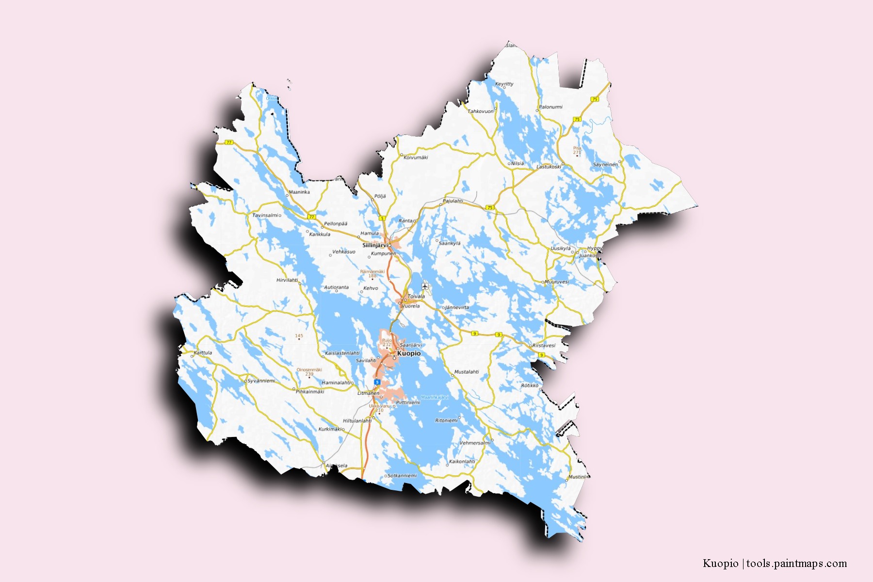 Mapa de barrios y pueblos de Kuopio con efecto de sombra 3D