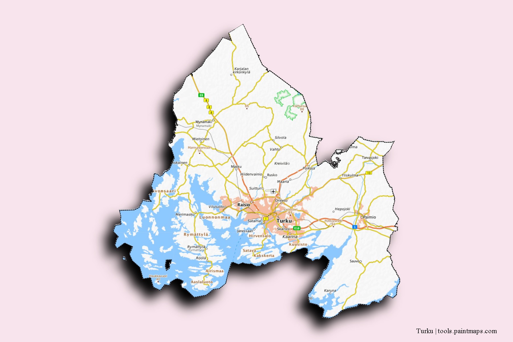 Mapa de barrios y pueblos de Turku con efecto de sombra 3D