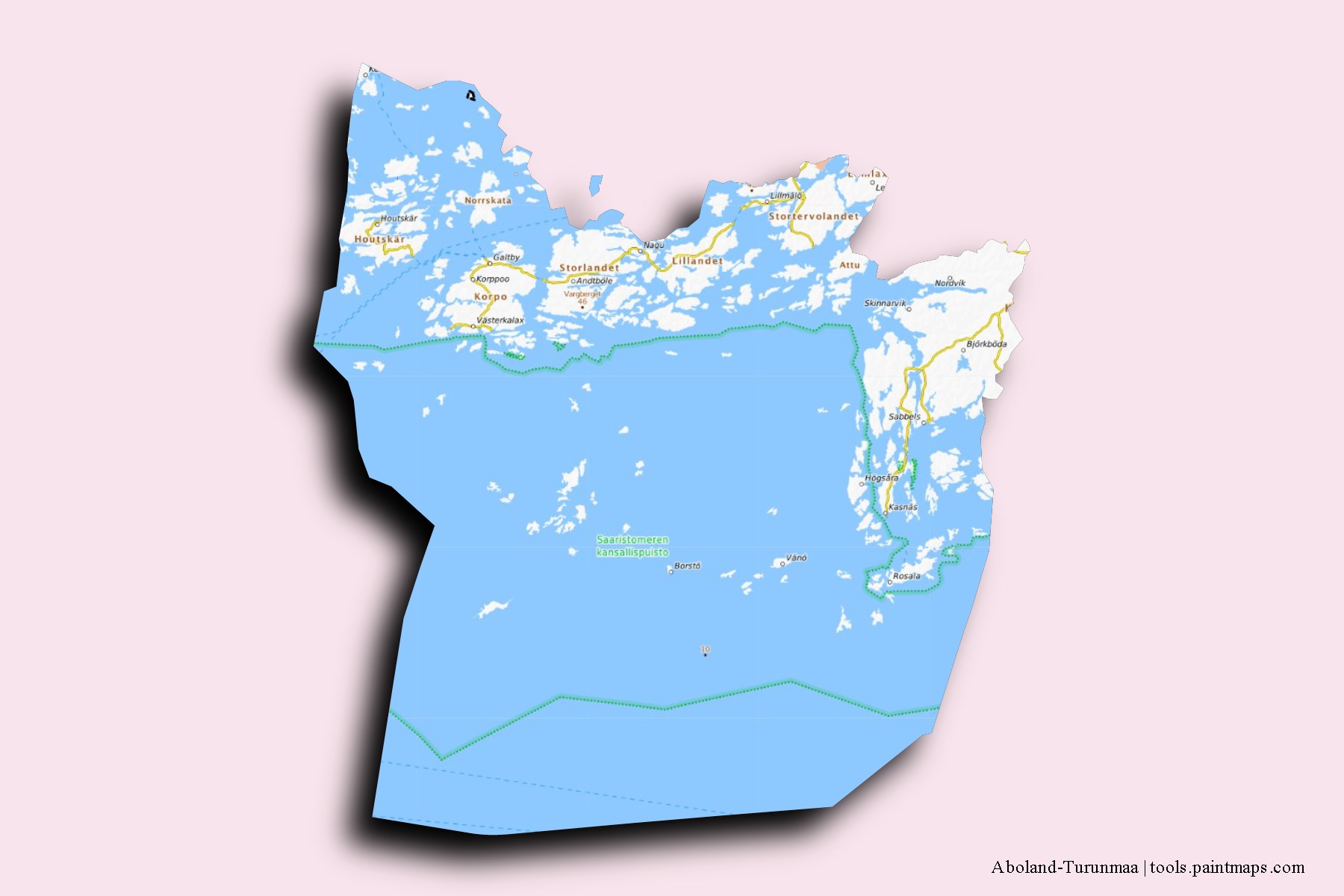 Mapa de barrios y pueblos de Aboland-Turunmaa con efecto de sombra 3D