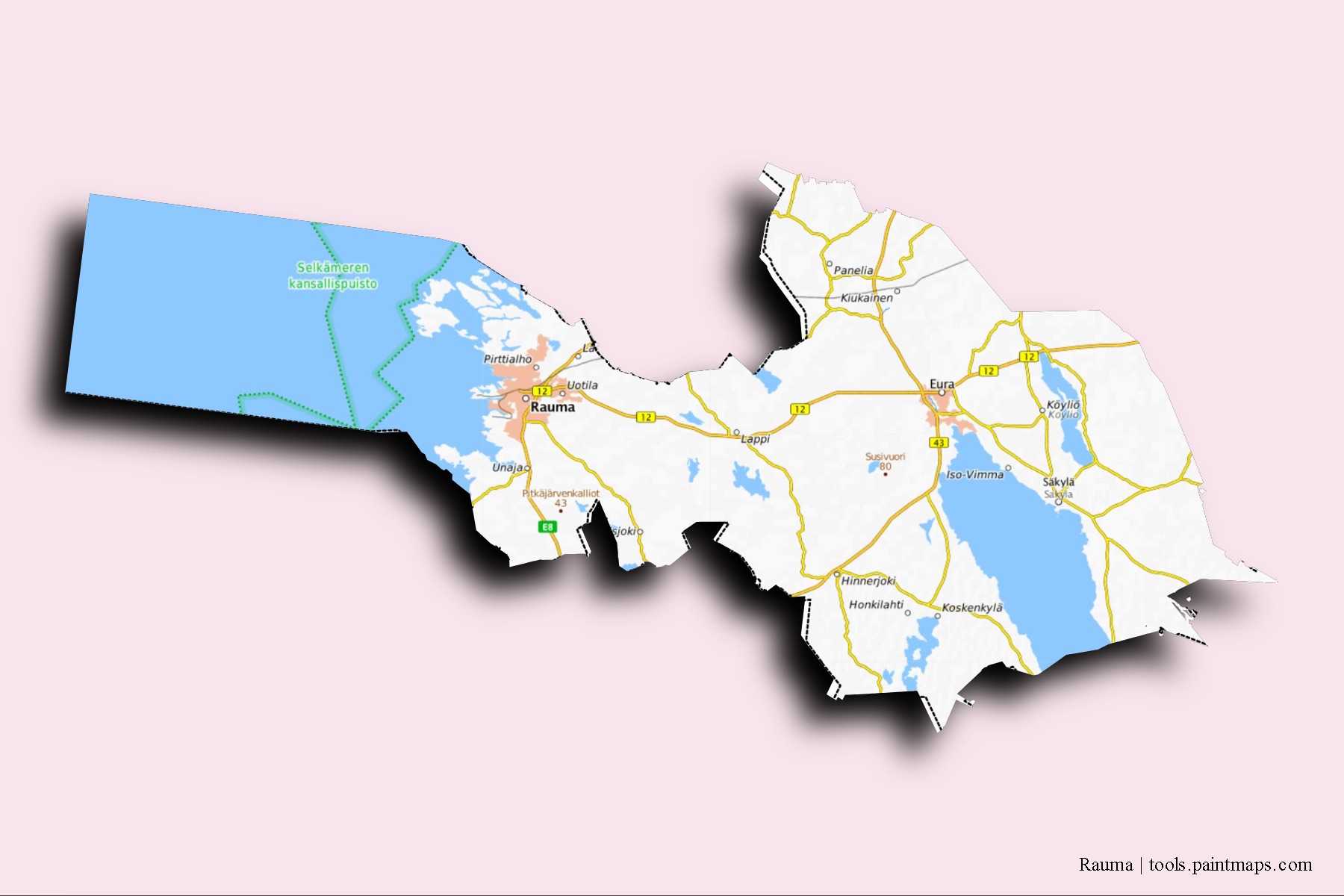 Rauma neighborhoods and villages map with 3D shadow effect