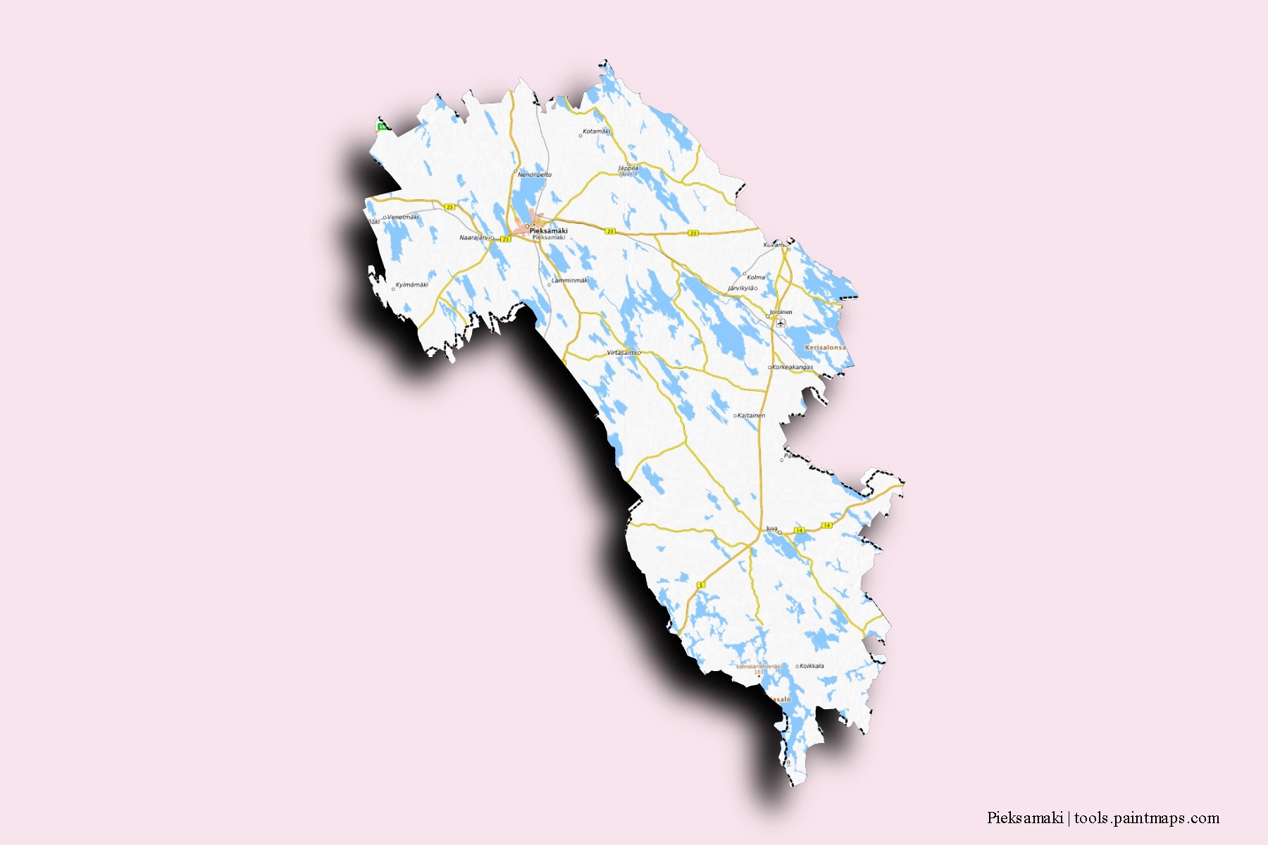 Pieksamaki neighborhoods and villages map with 3D shadow effect