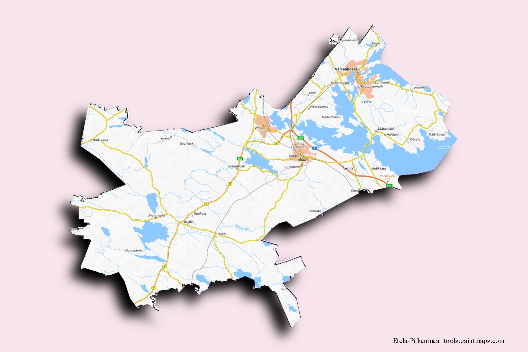 Etela-Pirkanmaa neighborhoods and villages map with 3D shadow effect