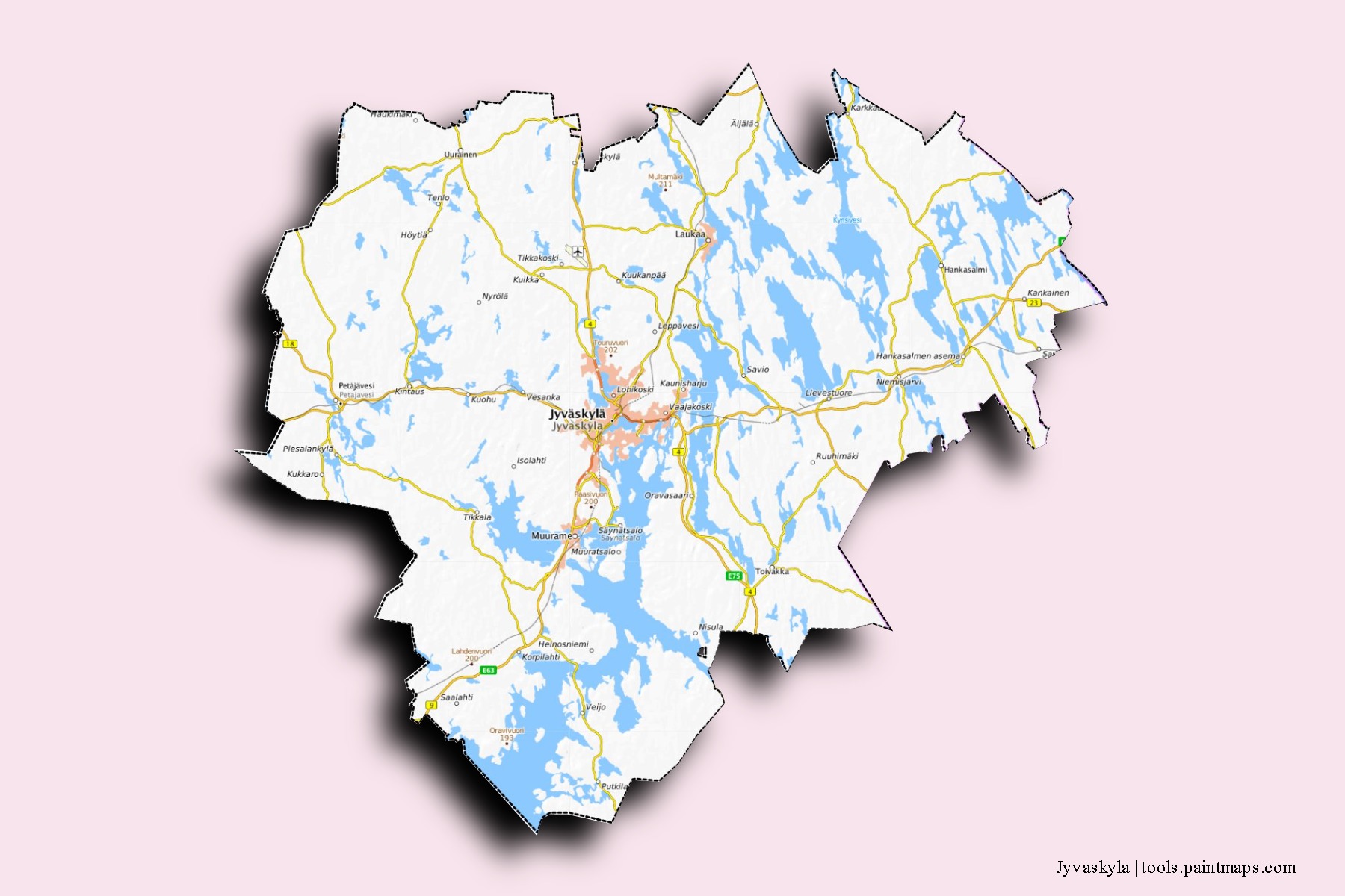 3D gölge efektli Jyvaskyla mahalleleri ve köyleri haritası