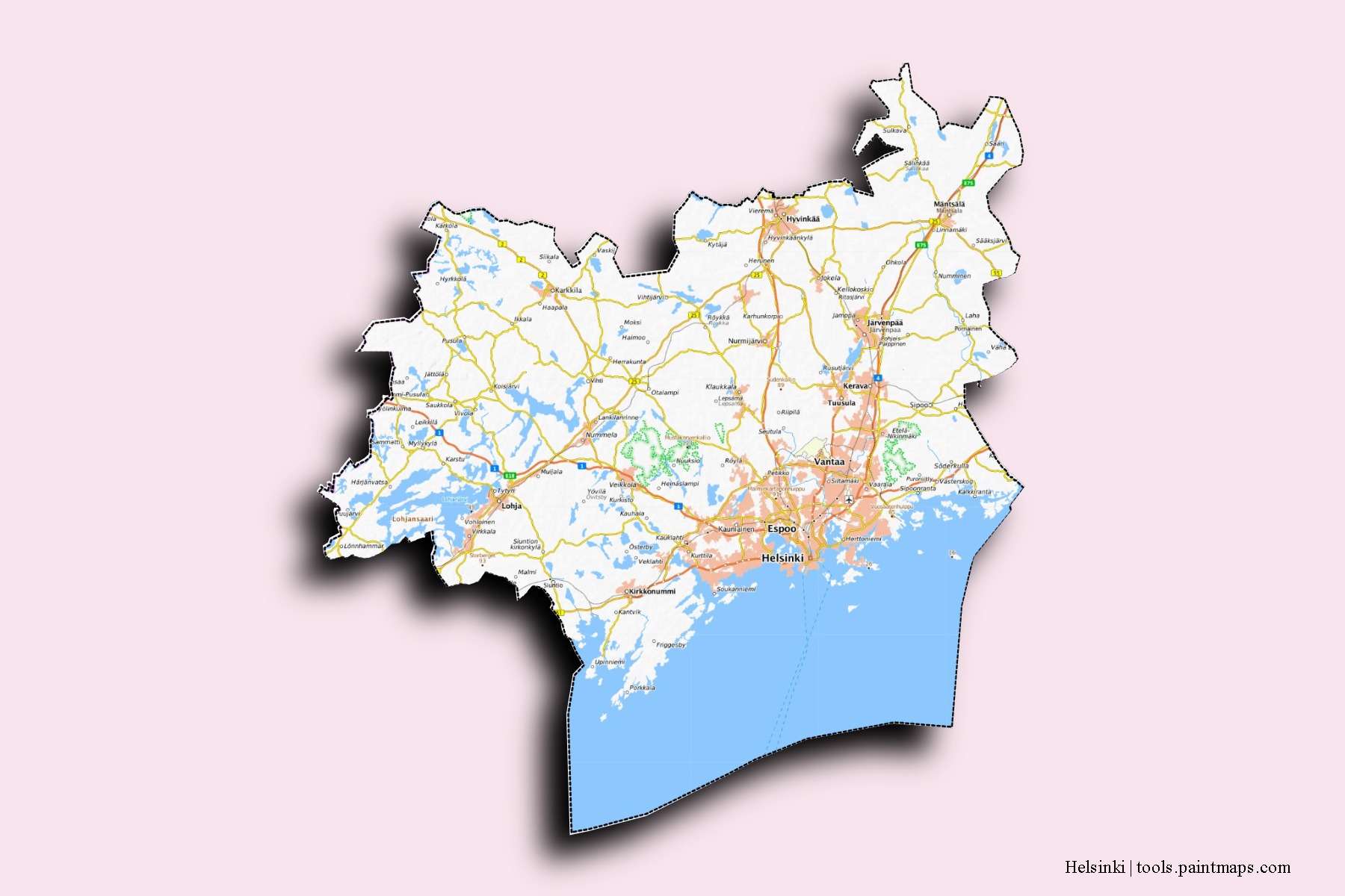 Mapa de barrios y pueblos de Helsinki con efecto de sombra 3D