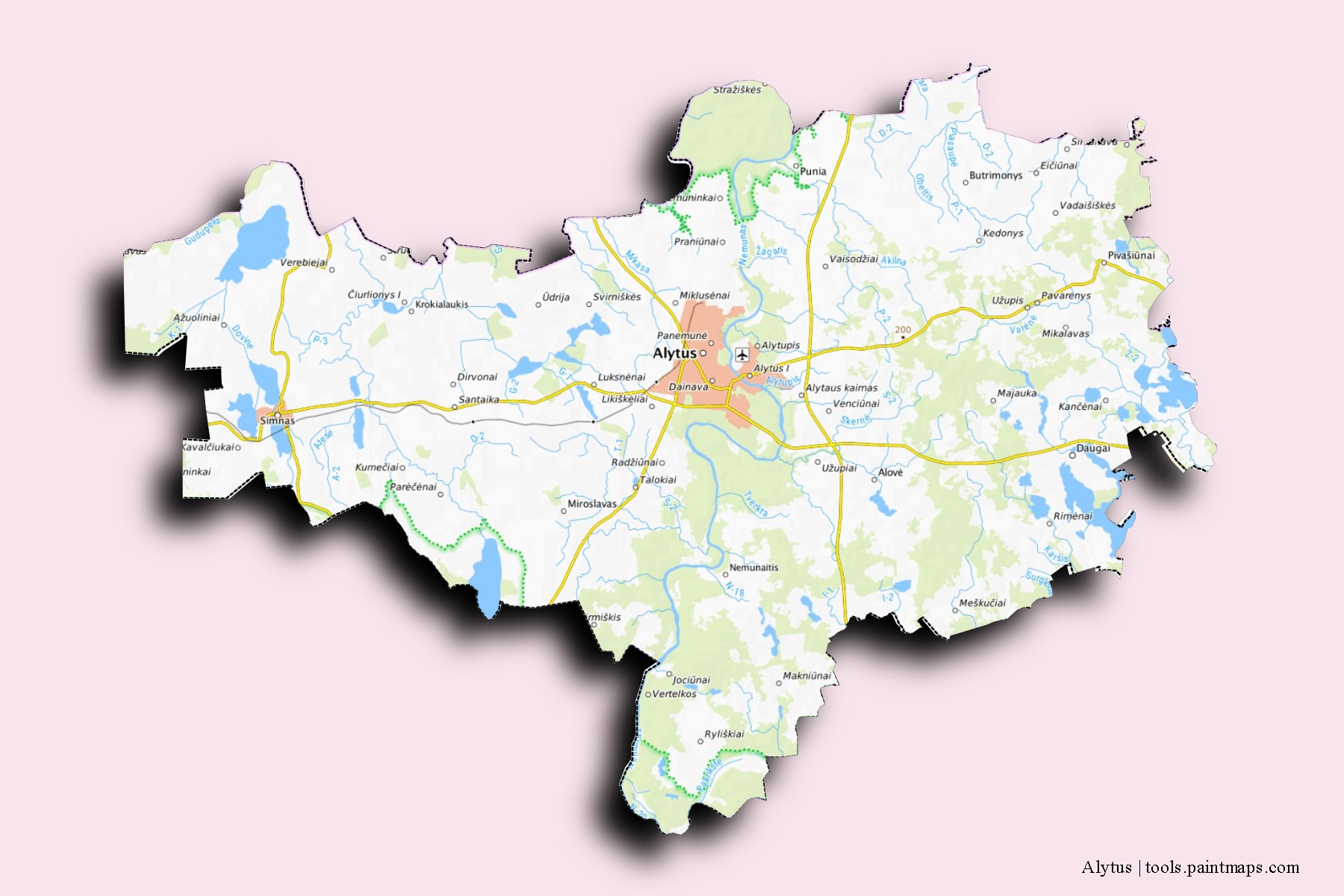 Mapa de barrios y pueblos de Alytus con efecto de sombra 3D