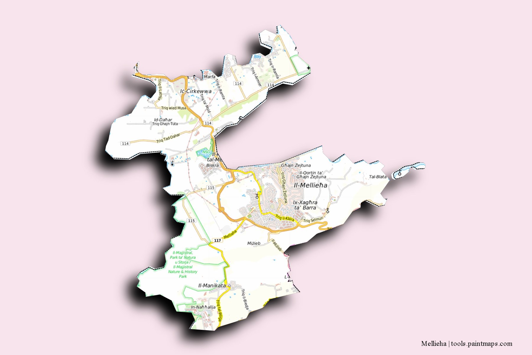 Mellieha and counties map with 3D shadow effect