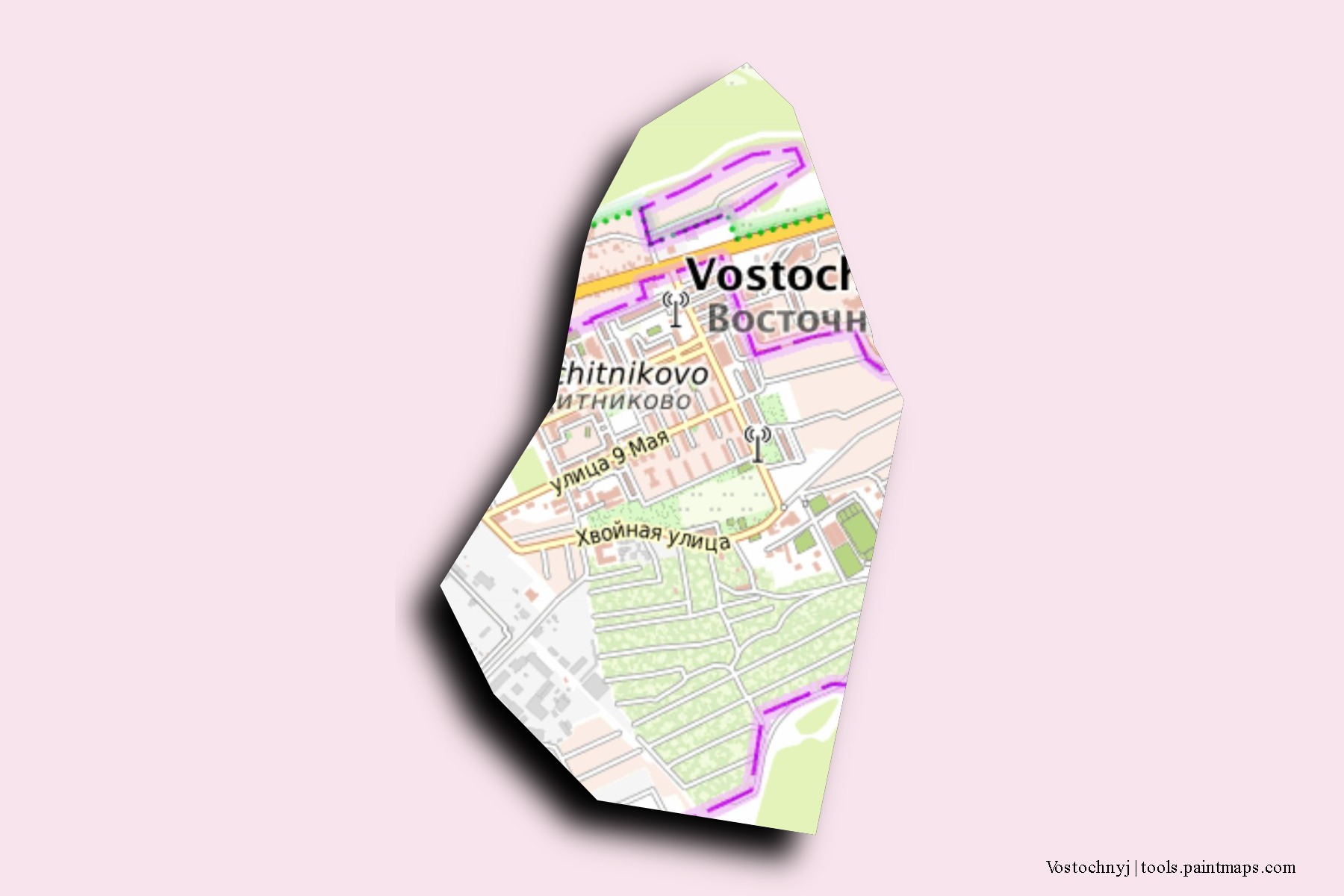 Vostochnyj neighborhoods and villages map with 3D shadow effect